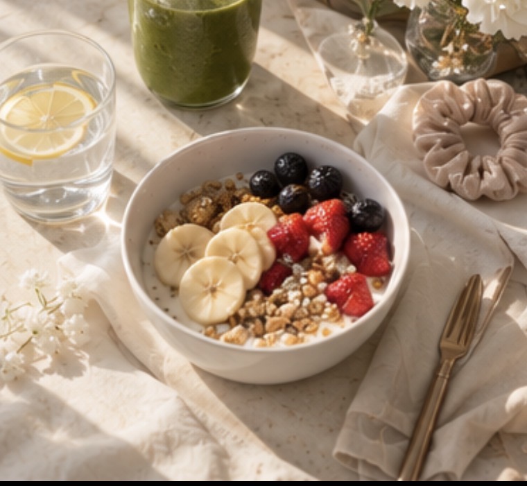 Wedding morning breakfast bowl with fruit, a green smoothie and lemon water