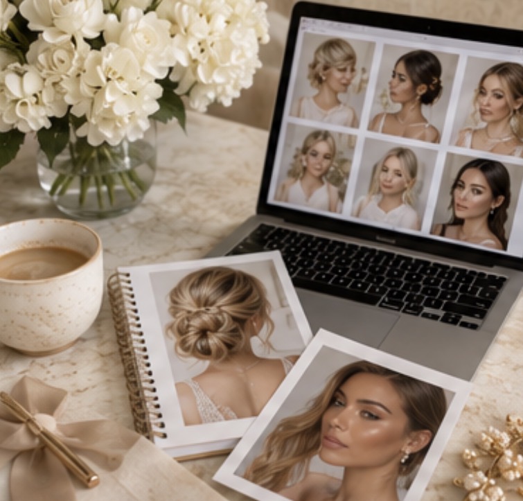 Bridal hair and makeup inspiration on a laptop and printed photos beside white flowers and coffee