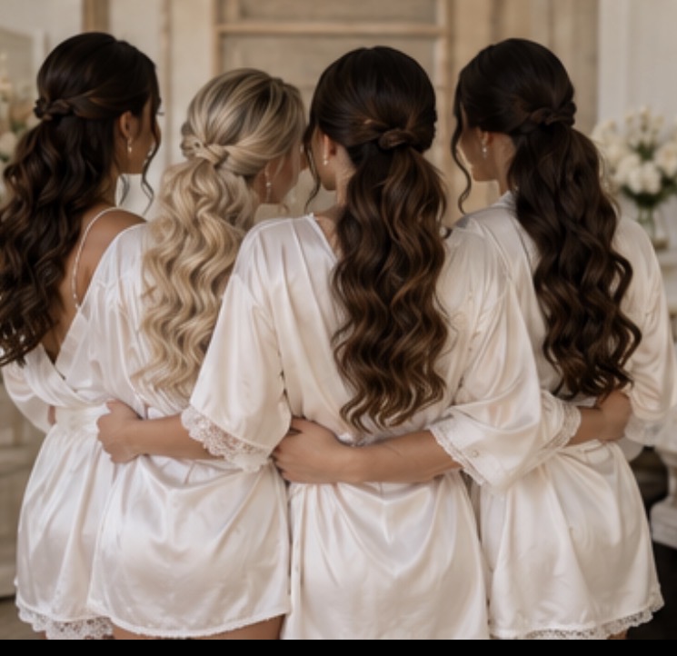 Four bridesmaids in white satin robes with half-up waved hairstyles