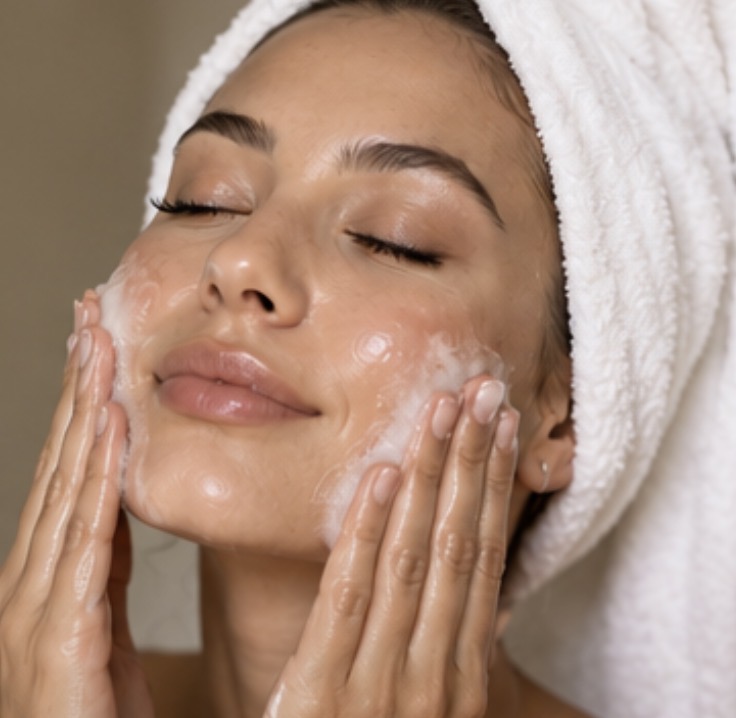 Woman gently cleansing her face with her hair wrapped in a towel