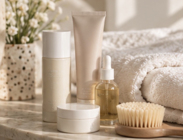 Simple skincare routine of cleanser, moisturiser, serum and a dry brush on marble