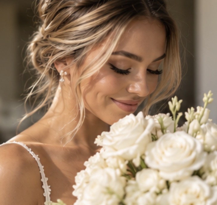Bride with a soft textured updo smelling her white rose bouquet