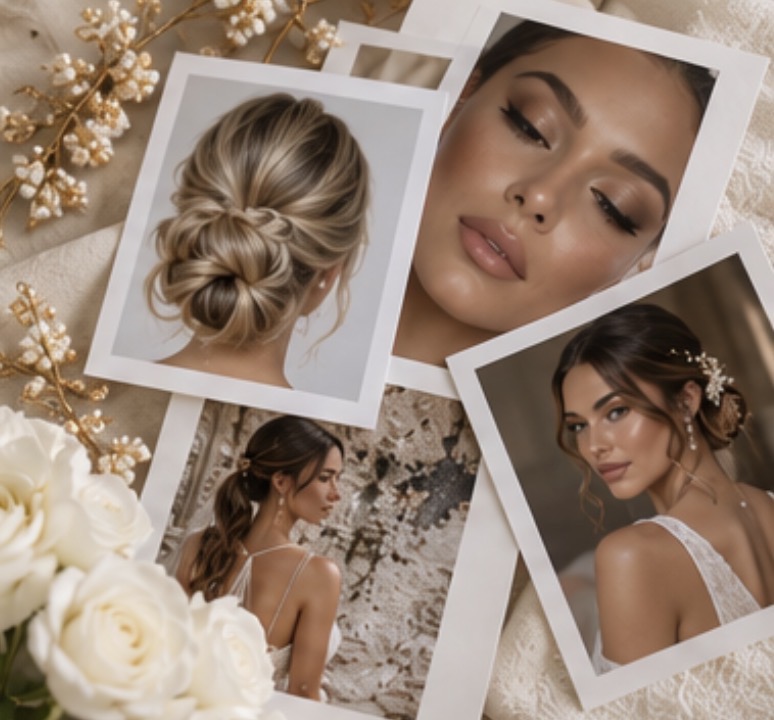 Printed bridal hair and makeup looks laid out with white roses