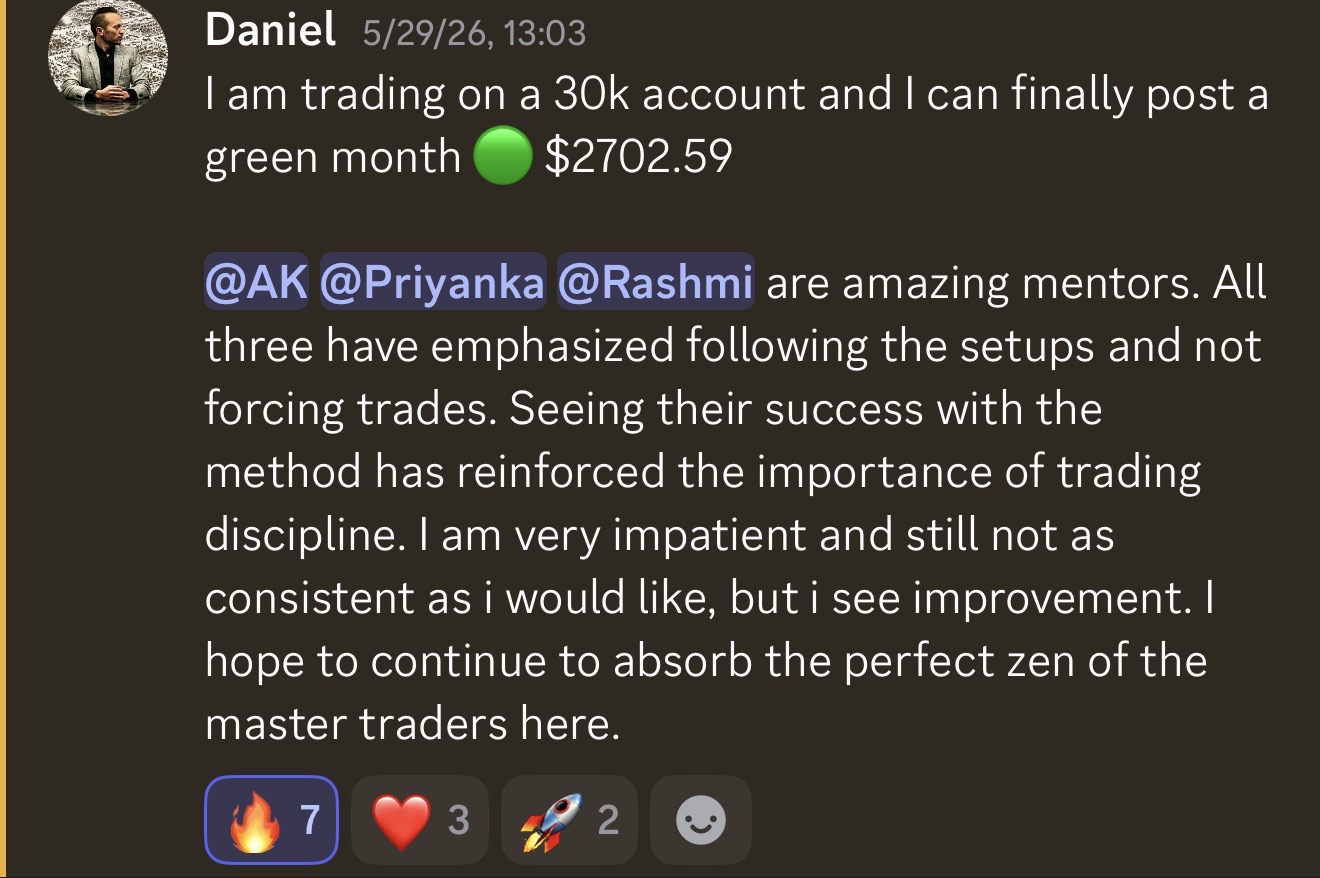 Daniel posts his first green month, +$2,702.59 on a $30k account