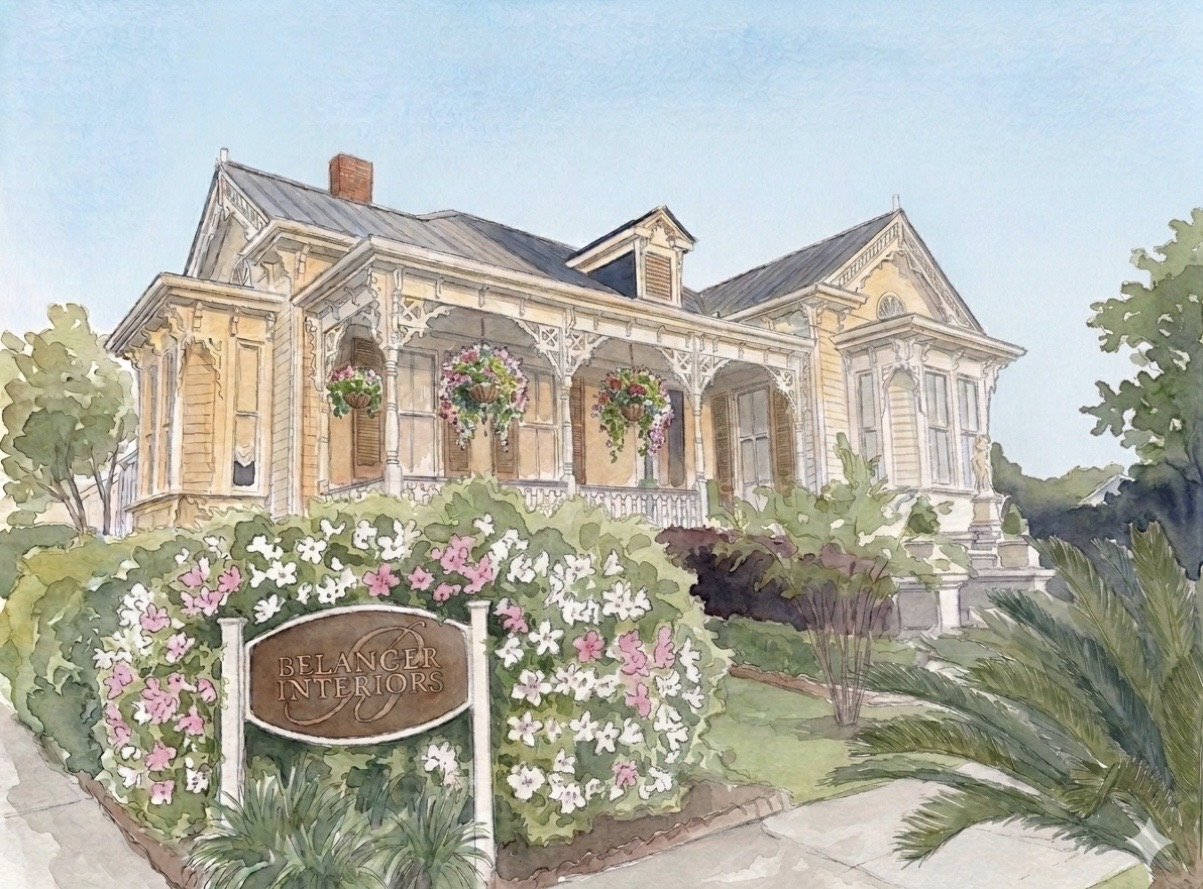Watercolor illustration of Victorian Belanger Interiors showroom