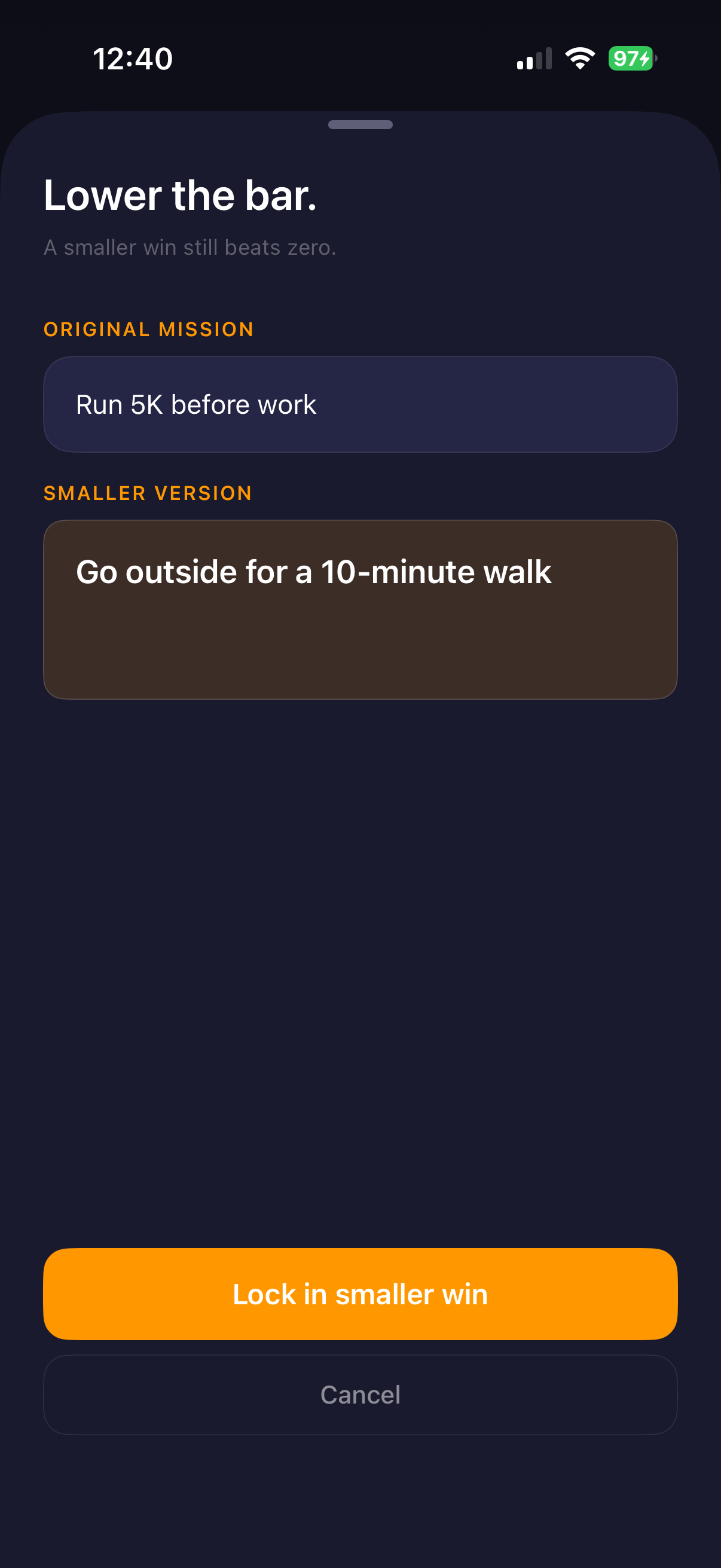 DayWon downshift feature showing option to lower the bar with a smaller win