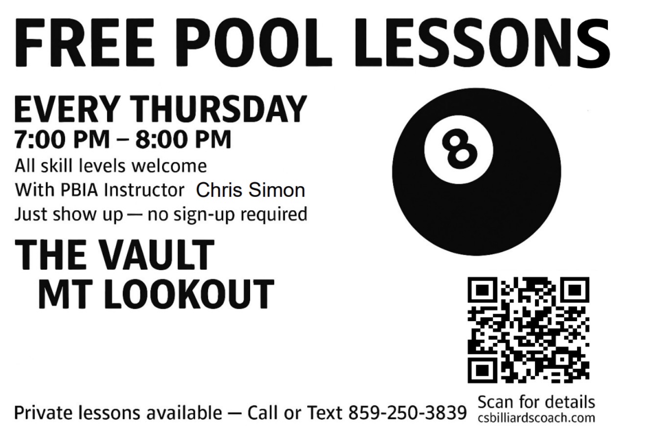 Free Pool Lessons every Thursday 7–8 PM with PBIA Instructor Chris Simon at The Vault Mt. Lookout
