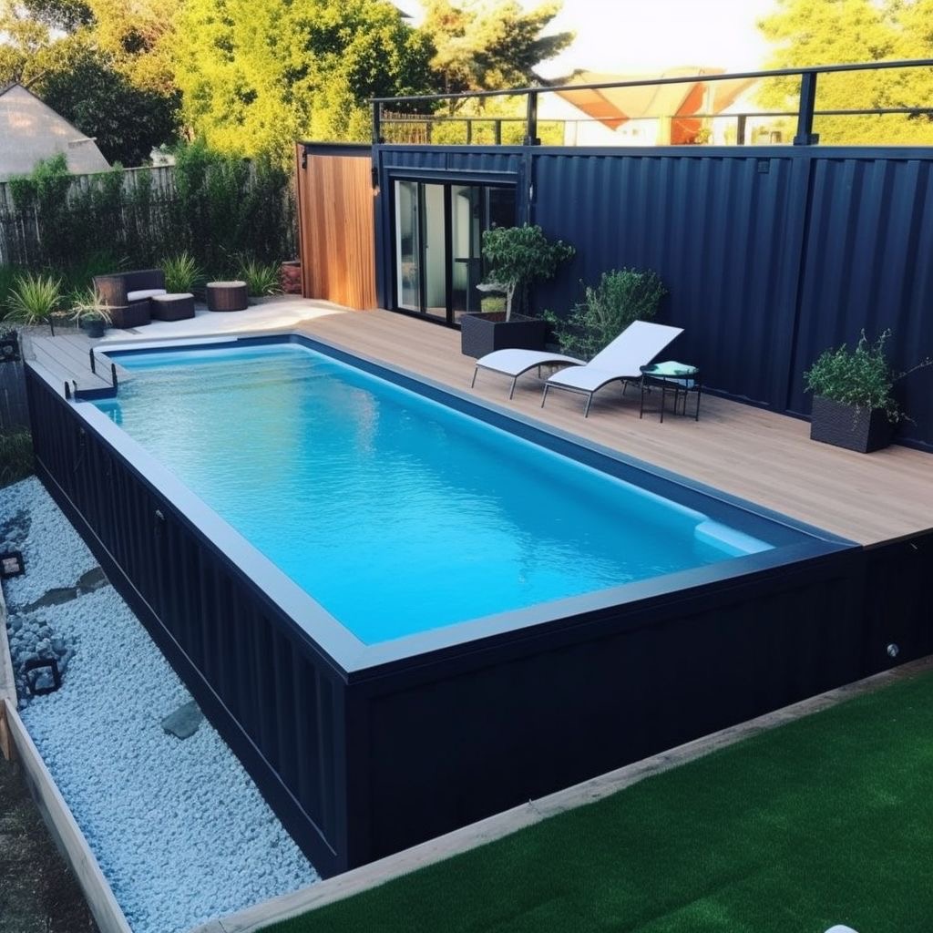 Long dark container pool with light wooden deck and lounge chairs