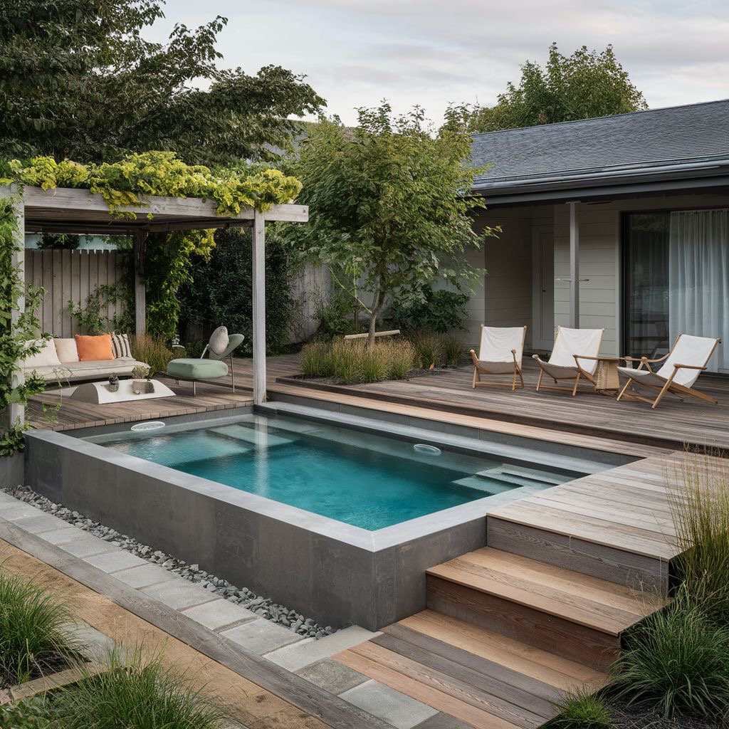 Modern grey container pool with wooden deck, steps, and pergola