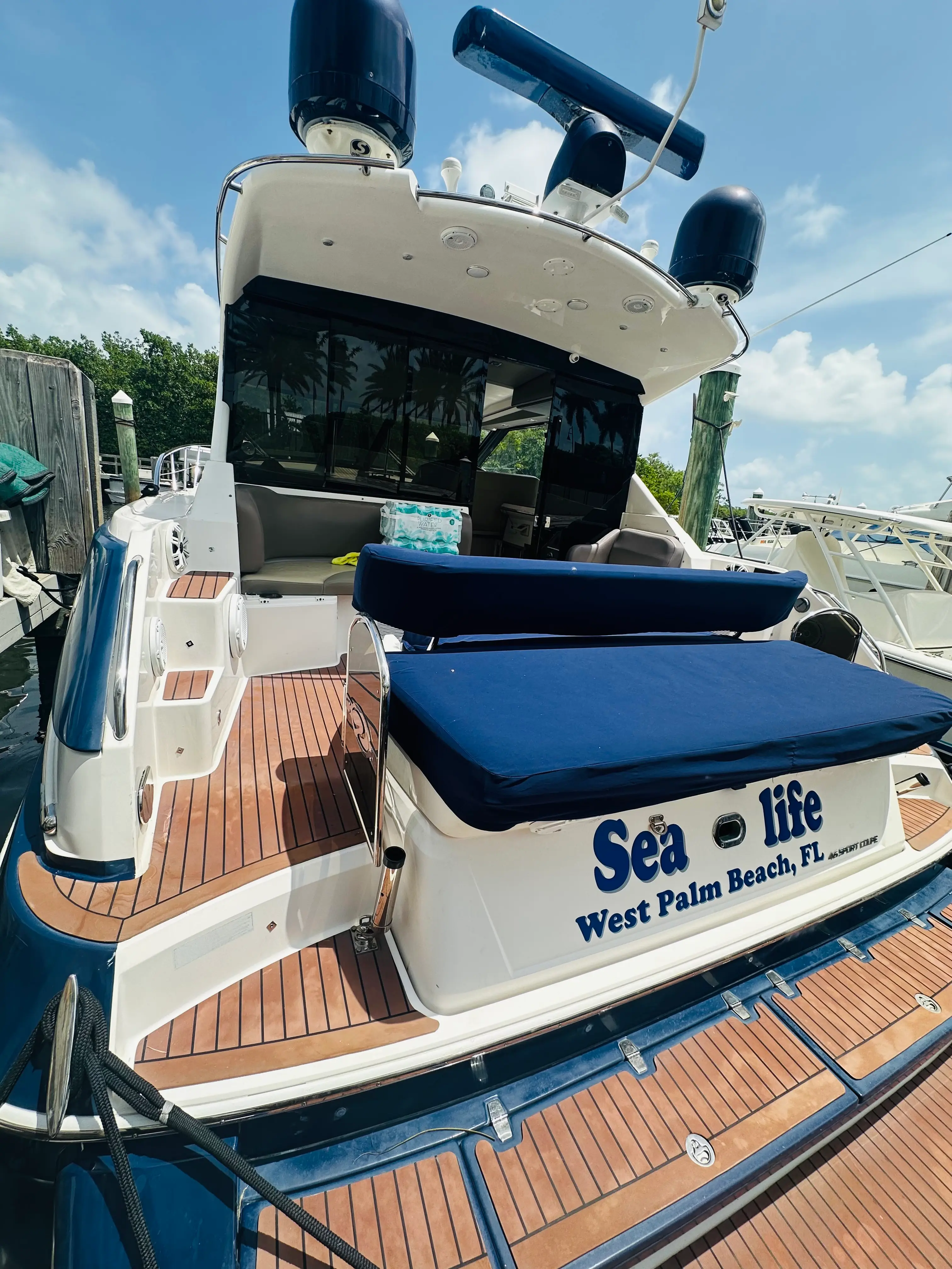 Stern swim platform of the Elite Sport Yachts Regal Sport Coupe 'Sea-life, West Palm Beach FL', with navy blue cockpit cushions and teak decking visible