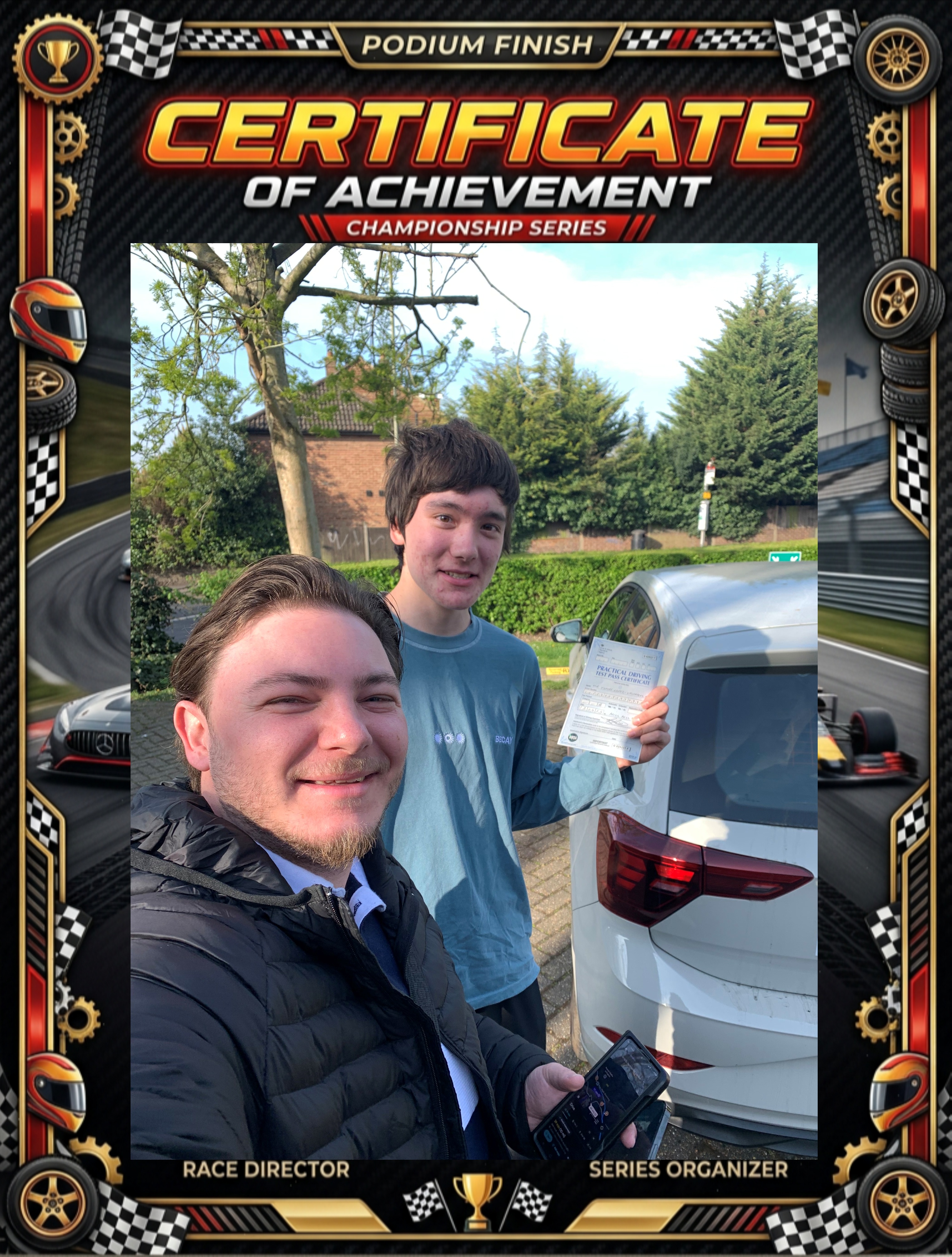 Driving test pass celebration - instructor and student