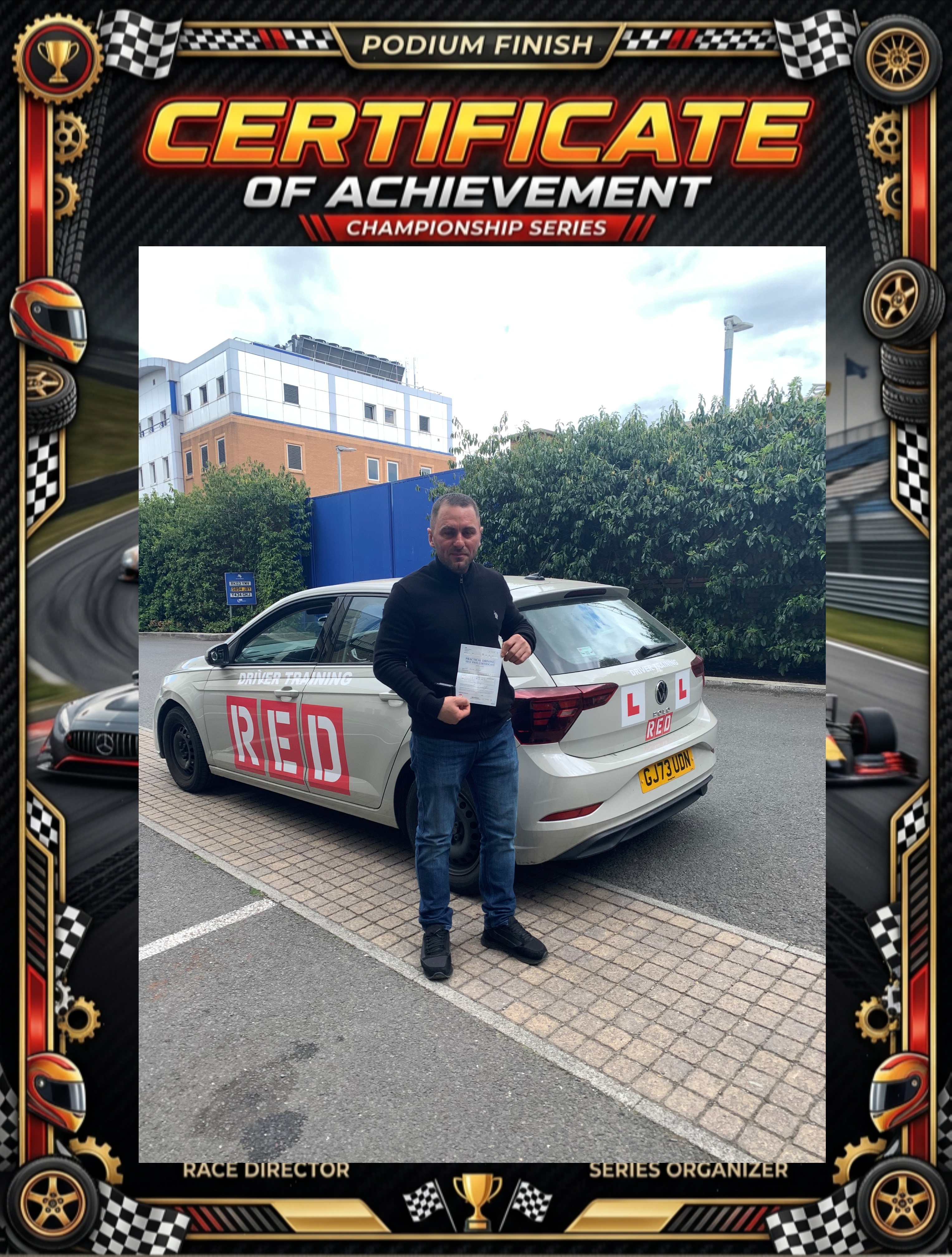 Successful driving test pass - student with certificate