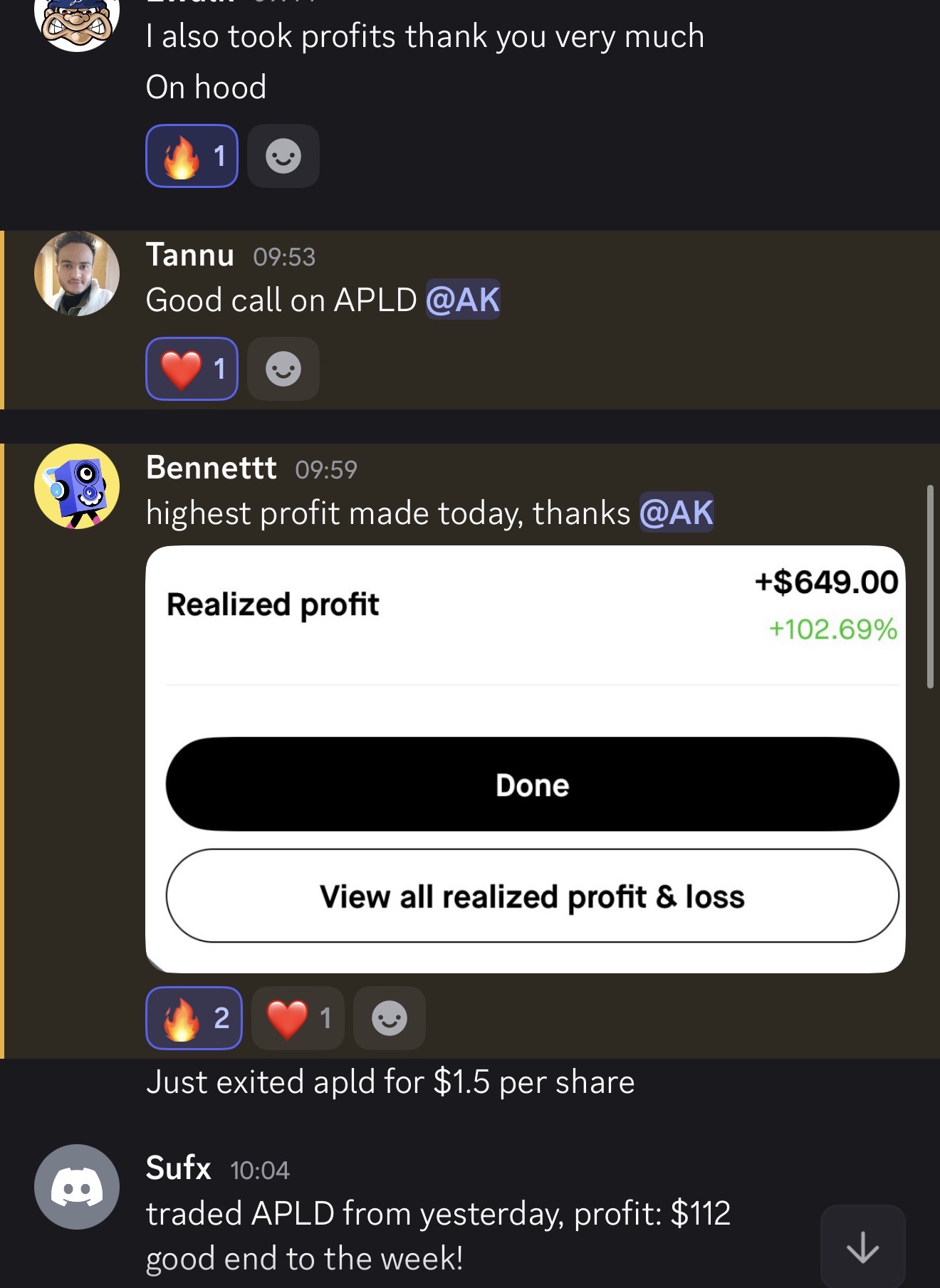 Members thanking AK for the APLD and HOOD calls, including a +$649.00 realized profit at +102.69%
