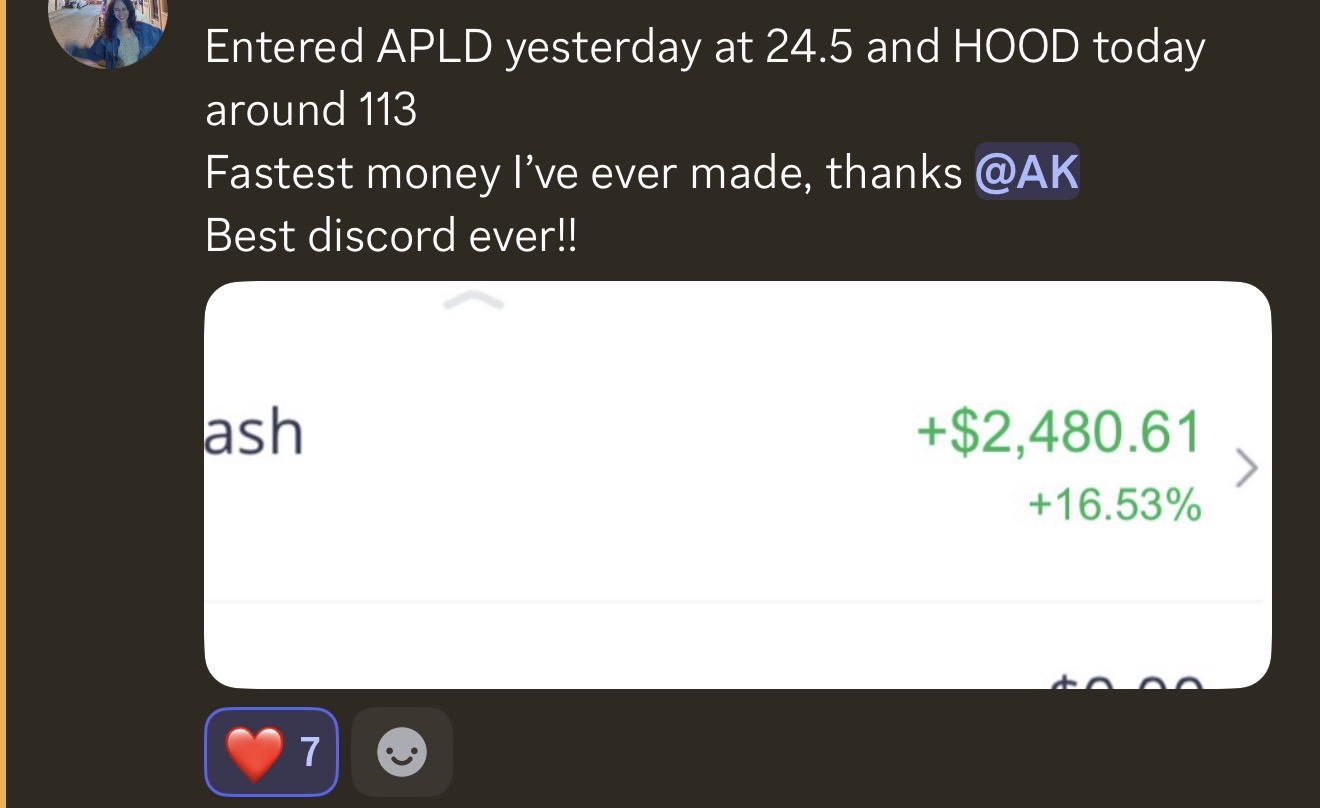 Member entered APLD and HOOD for +$2,480.61, calling it the fastest money they have ever made
