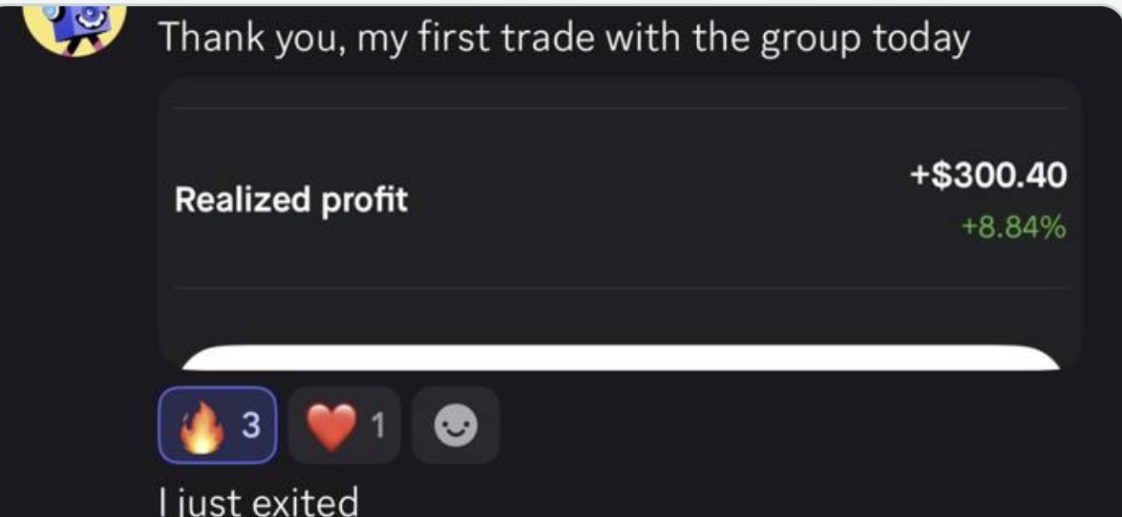First trade with the group, +$300.40 realized profit
