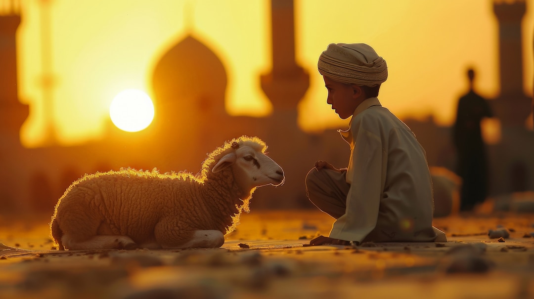 Young boy in traditional dress sitting with a sheep at sunset, with mosque silhouettes in the background, symbolizing the compassionate spirit of Qurban