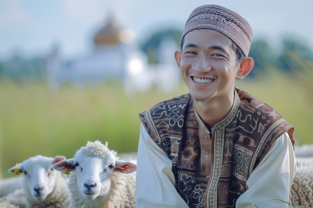 Muslim man in traditional dress smiling warmly while tending to sheep, with a mosque in the background, illustrating the practical aspects of Qurban