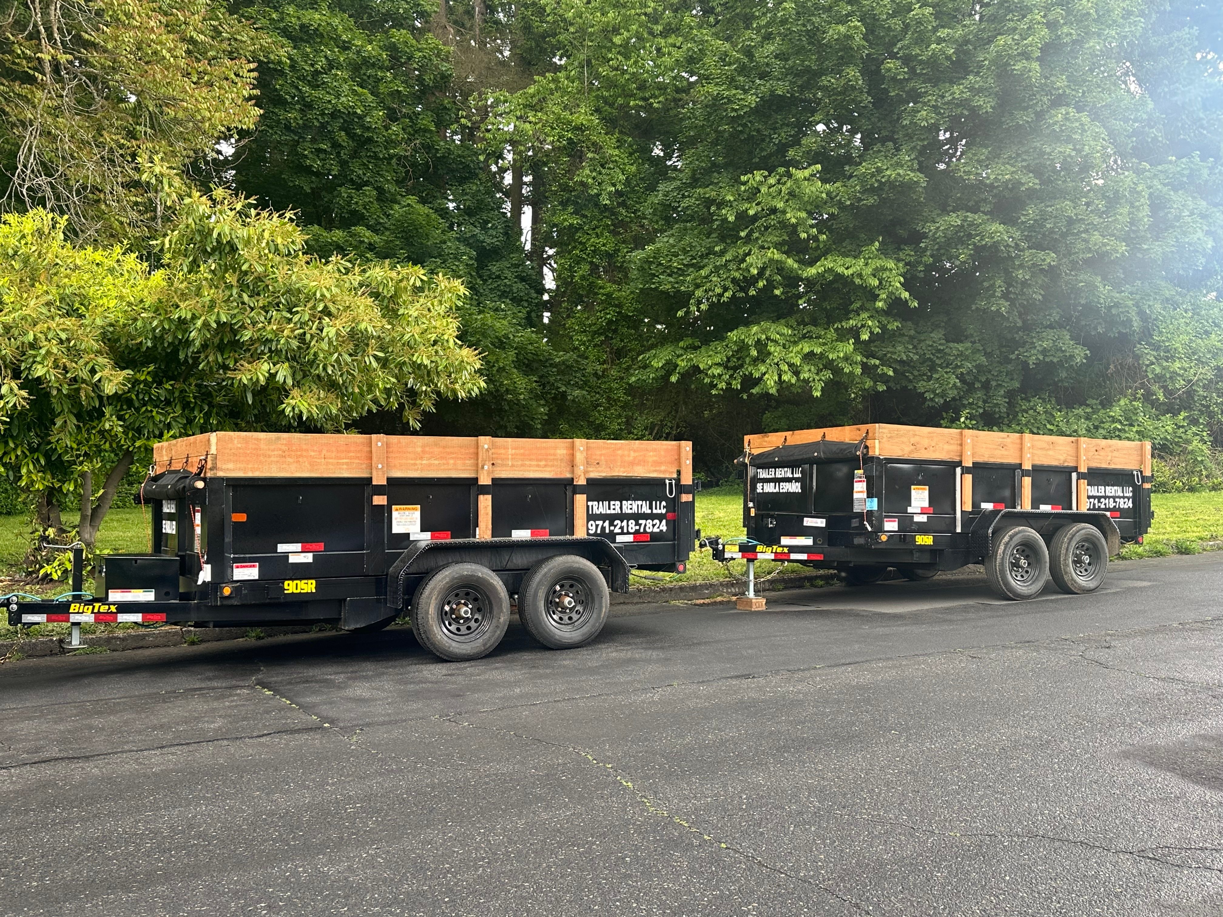 Rent a Dump Trailer Rental LLC fleet — two 6x12 Big Tex dump trailers available for rent in Portland, OR