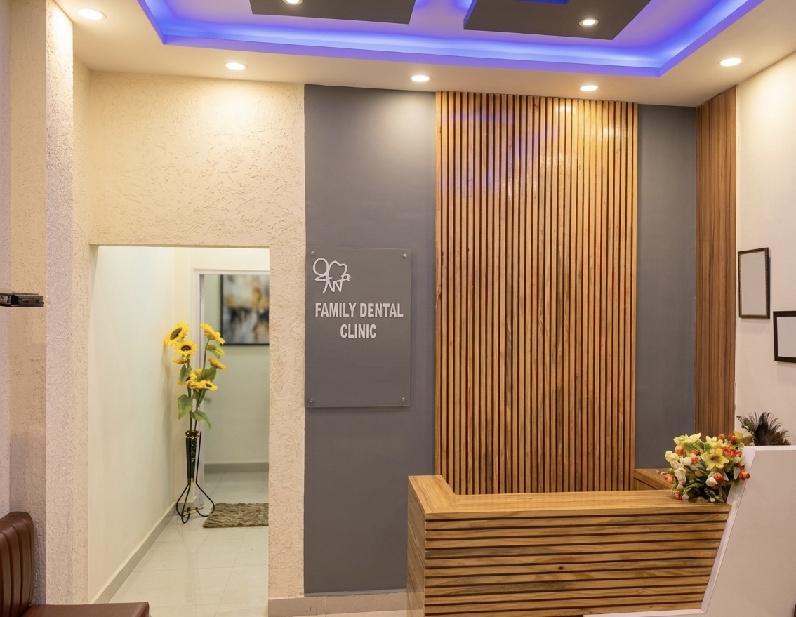 Family Dental Clinic reception area with modern wooden paneling