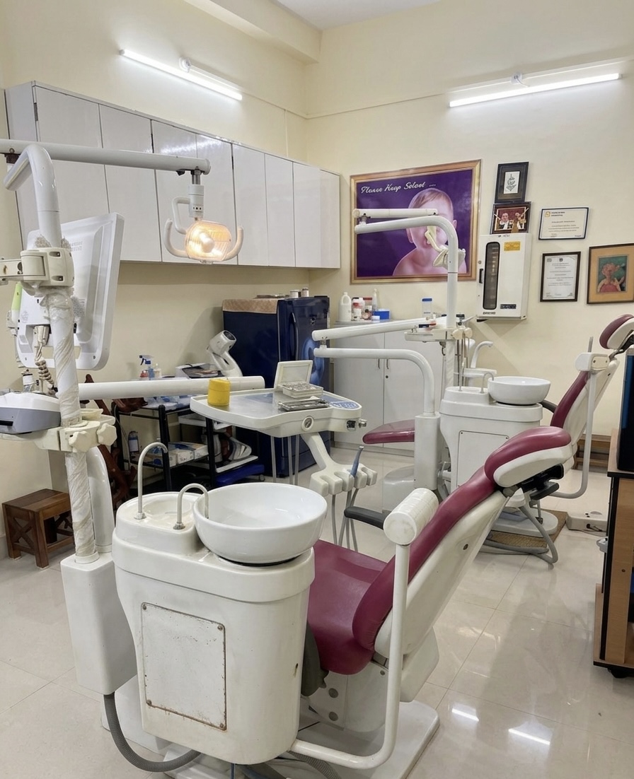 Dental treatment room with modern dental chair and equipment