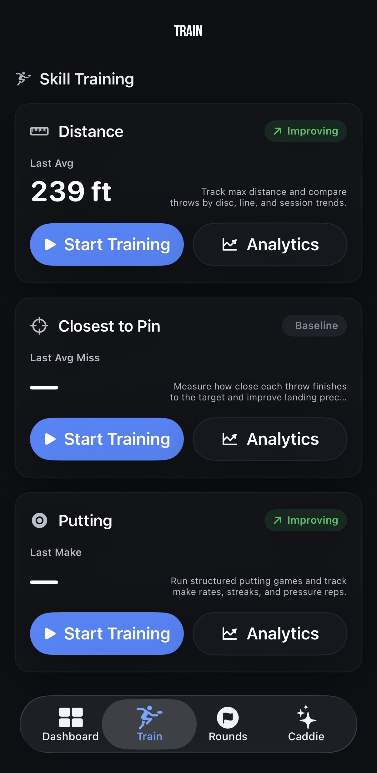 Discmetric Train screen showing Distance, Closest to Pin, and Putting skill training cards with improvement indicators