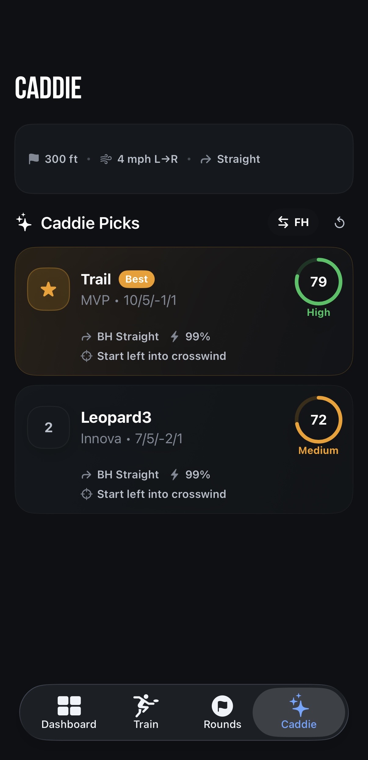 Discmetric Caddie showing shot recommendations with Trail and Leopard3 disc picks based on distance and wind conditions