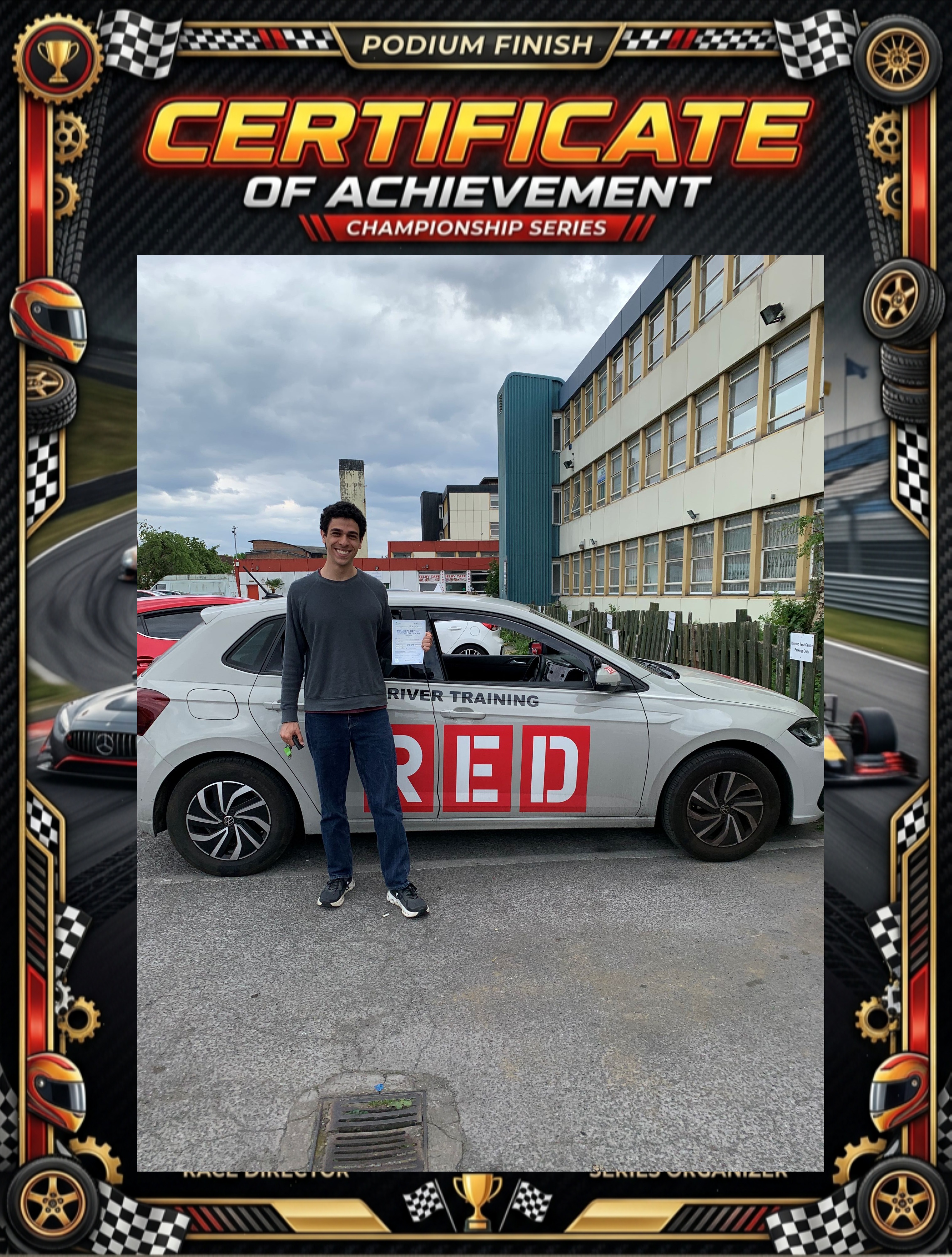 Successful driving test pass - student with car