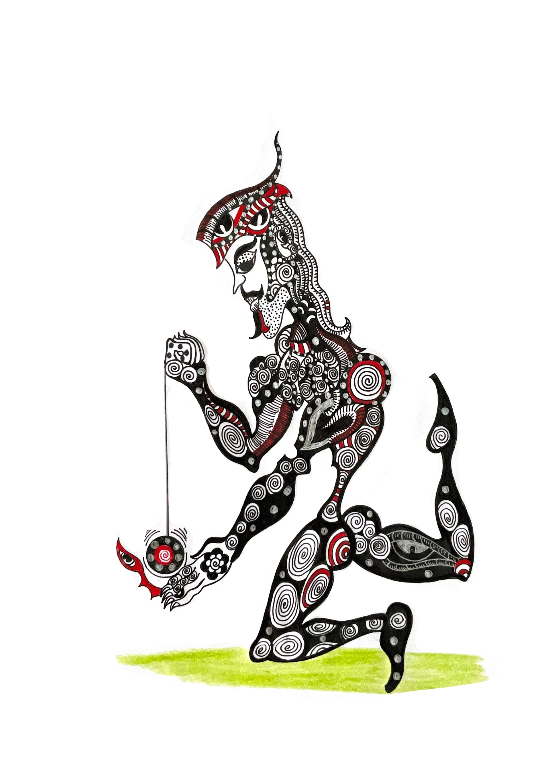 Surreal figure with spiral patterns