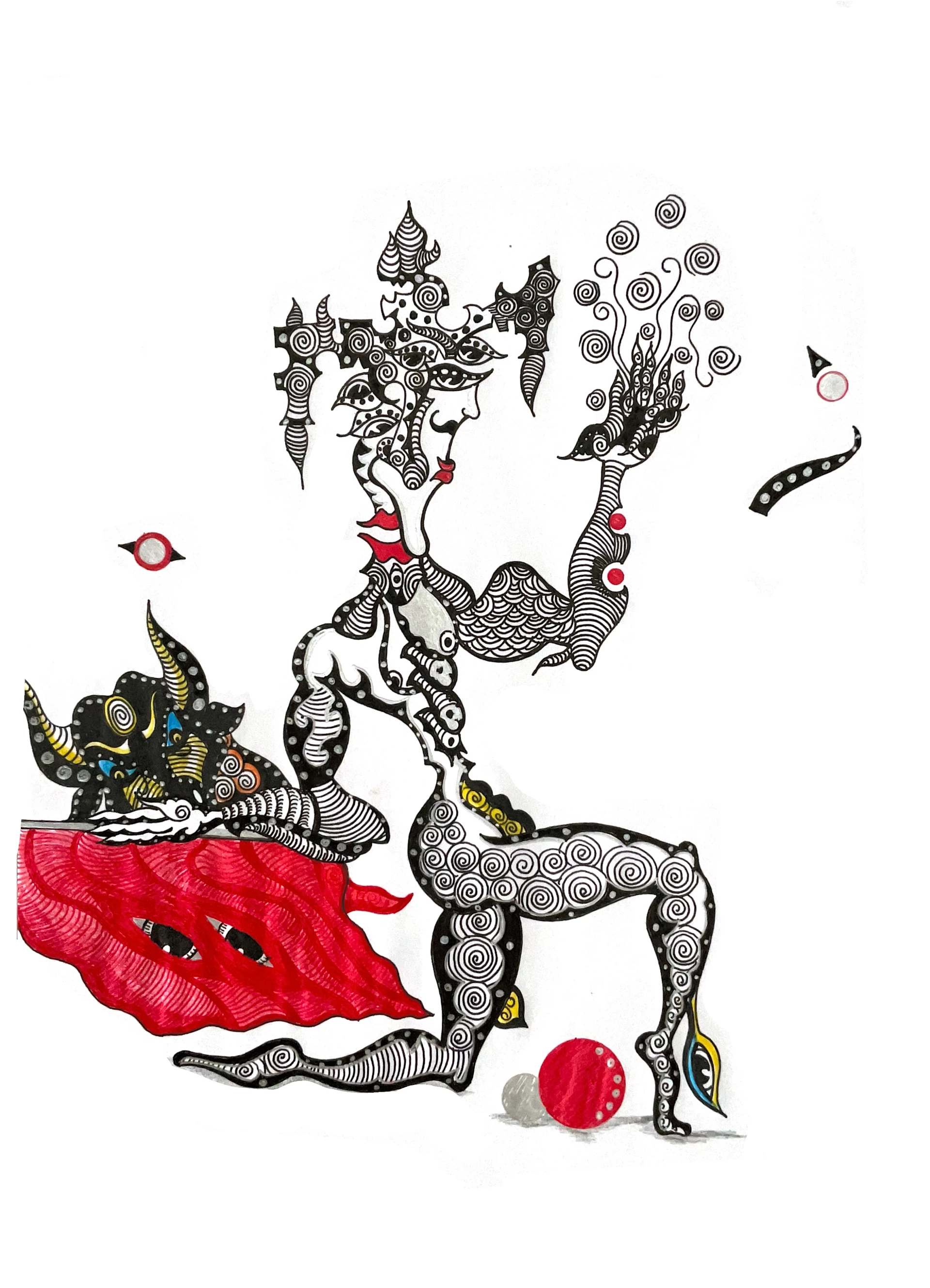 Surreal figure with red elements