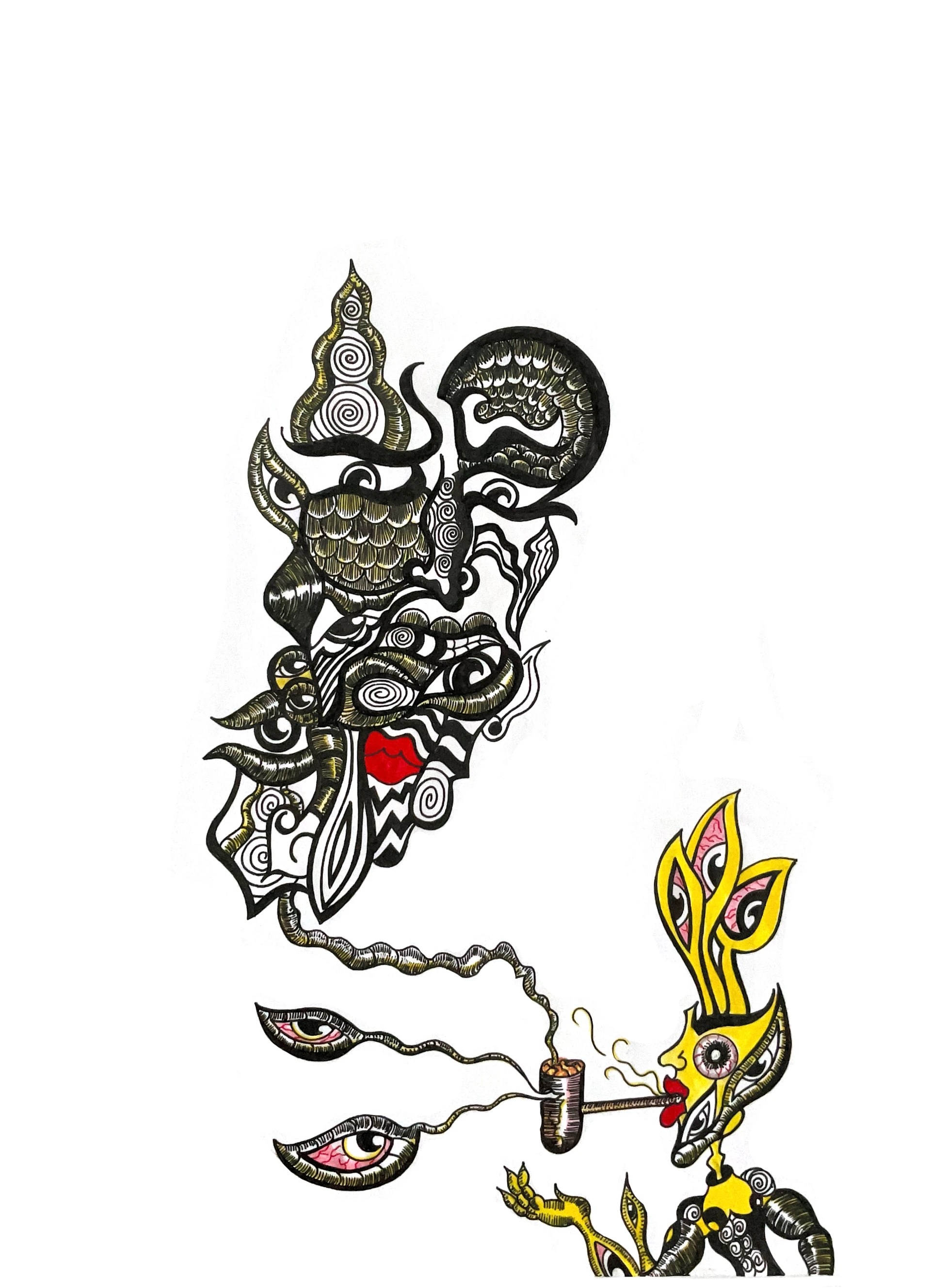 Surreal figure with horns and spiral patterns