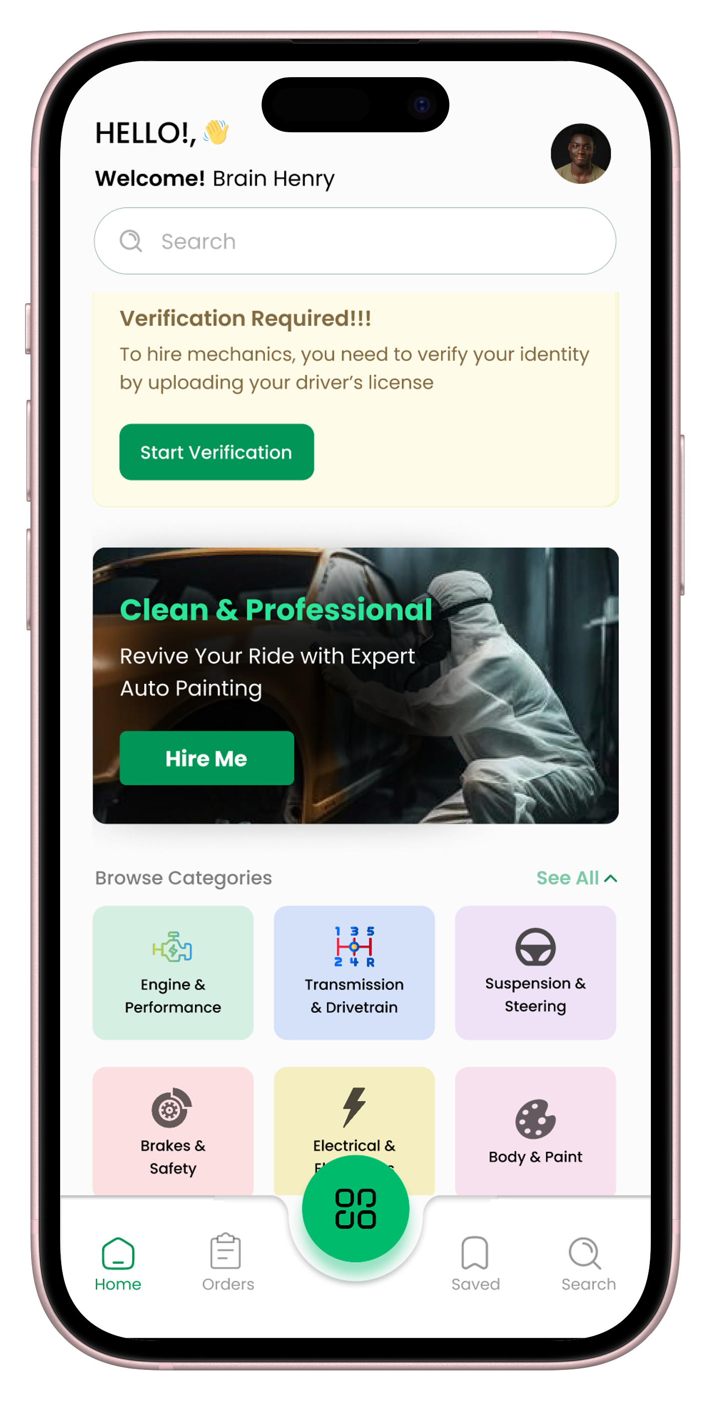 CocheFix app home screen showing browse categories and mechanic listings