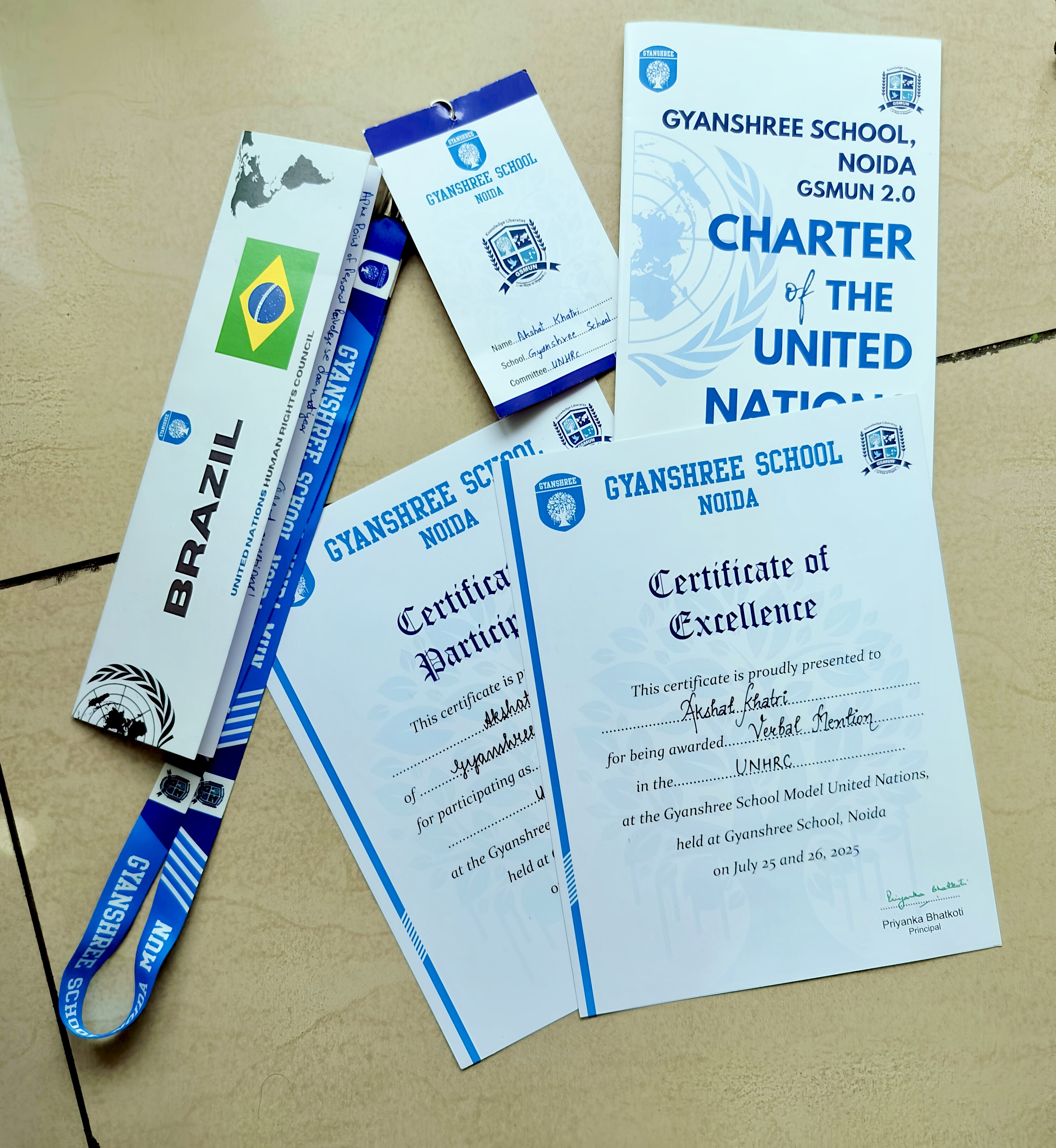Model United Nations certificates and conference materials