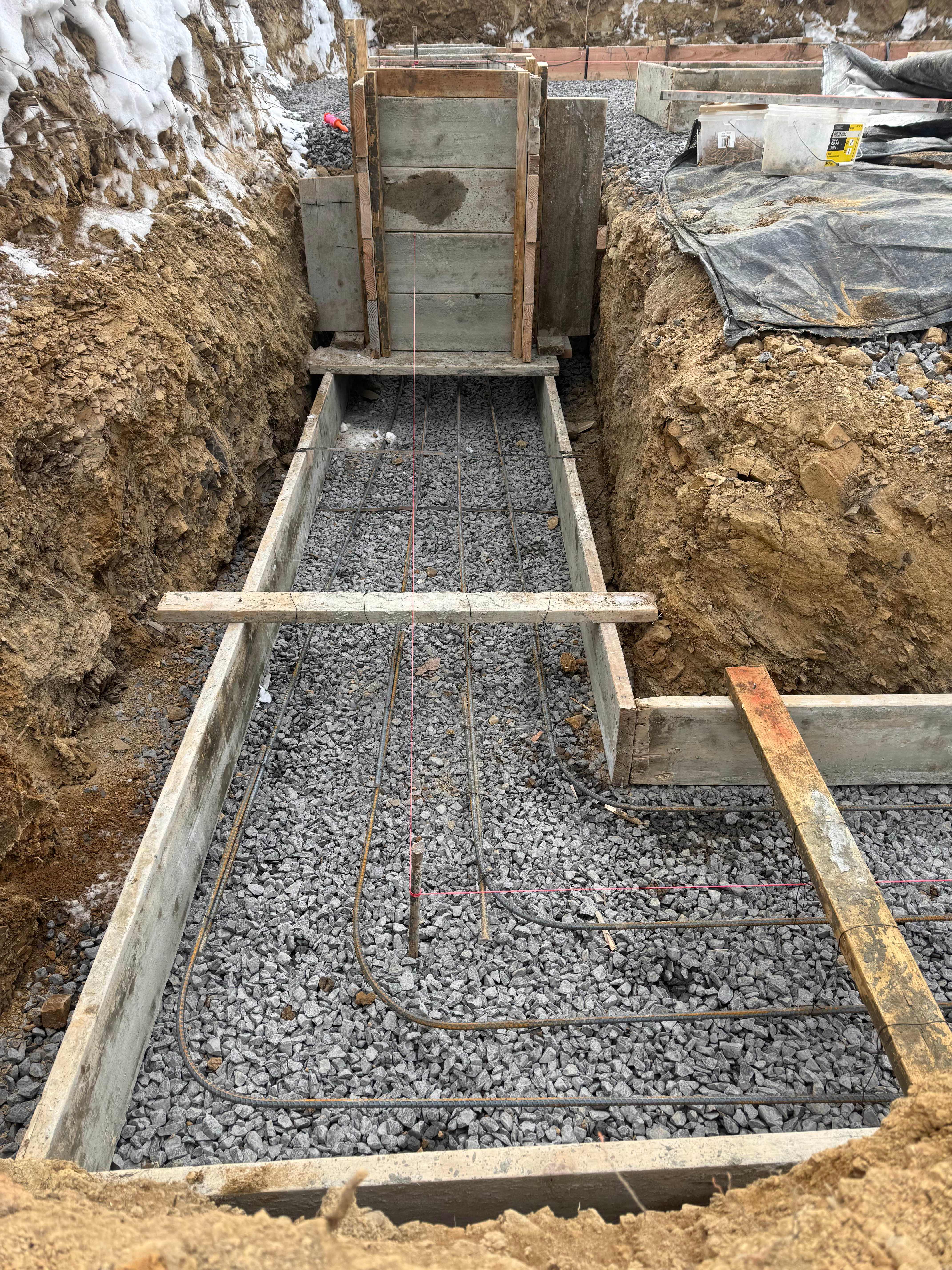Footing forms with rebar in winter