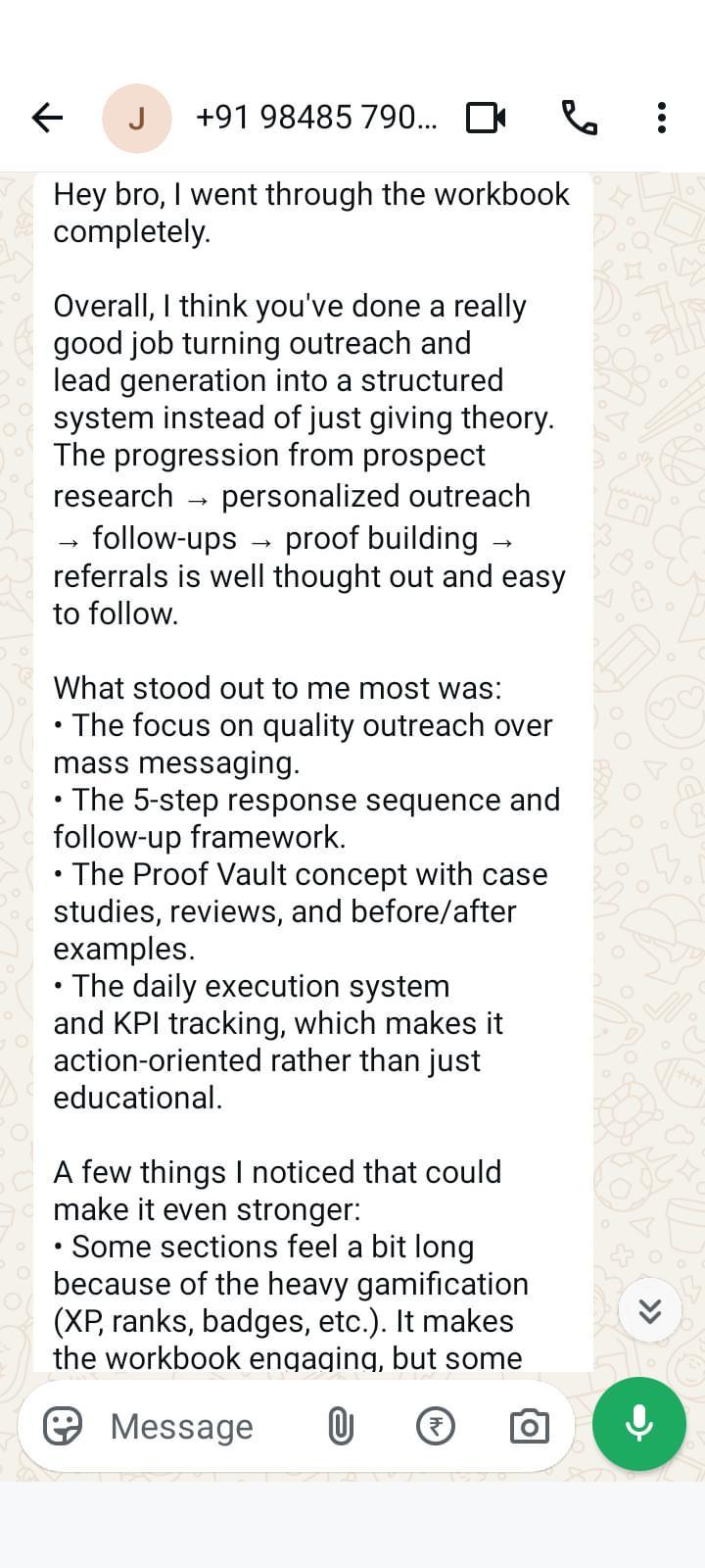 Customer WhatsApp message praising the structured outreach workbook and practical lead-generation system
