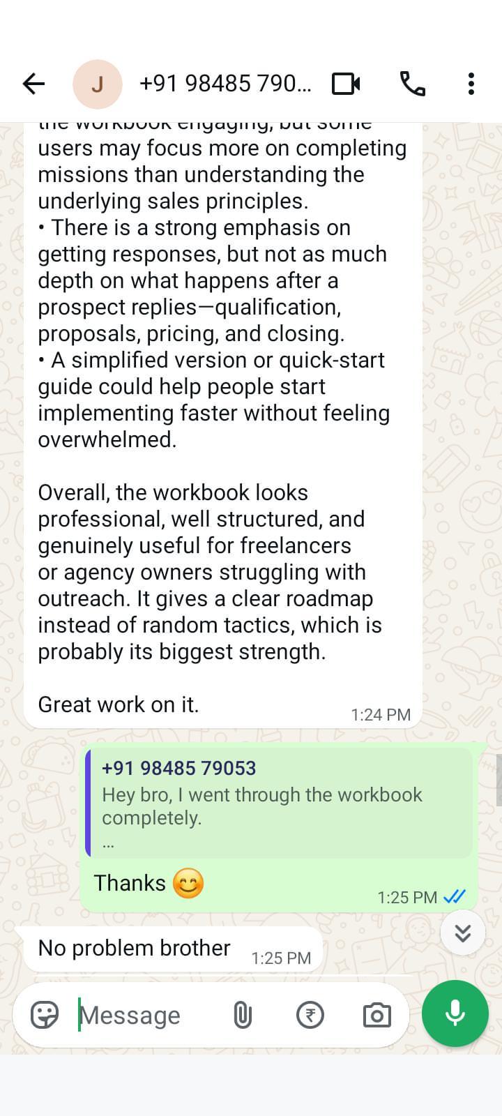 Customer message describing the workbook as professional, structured, and useful for outreach