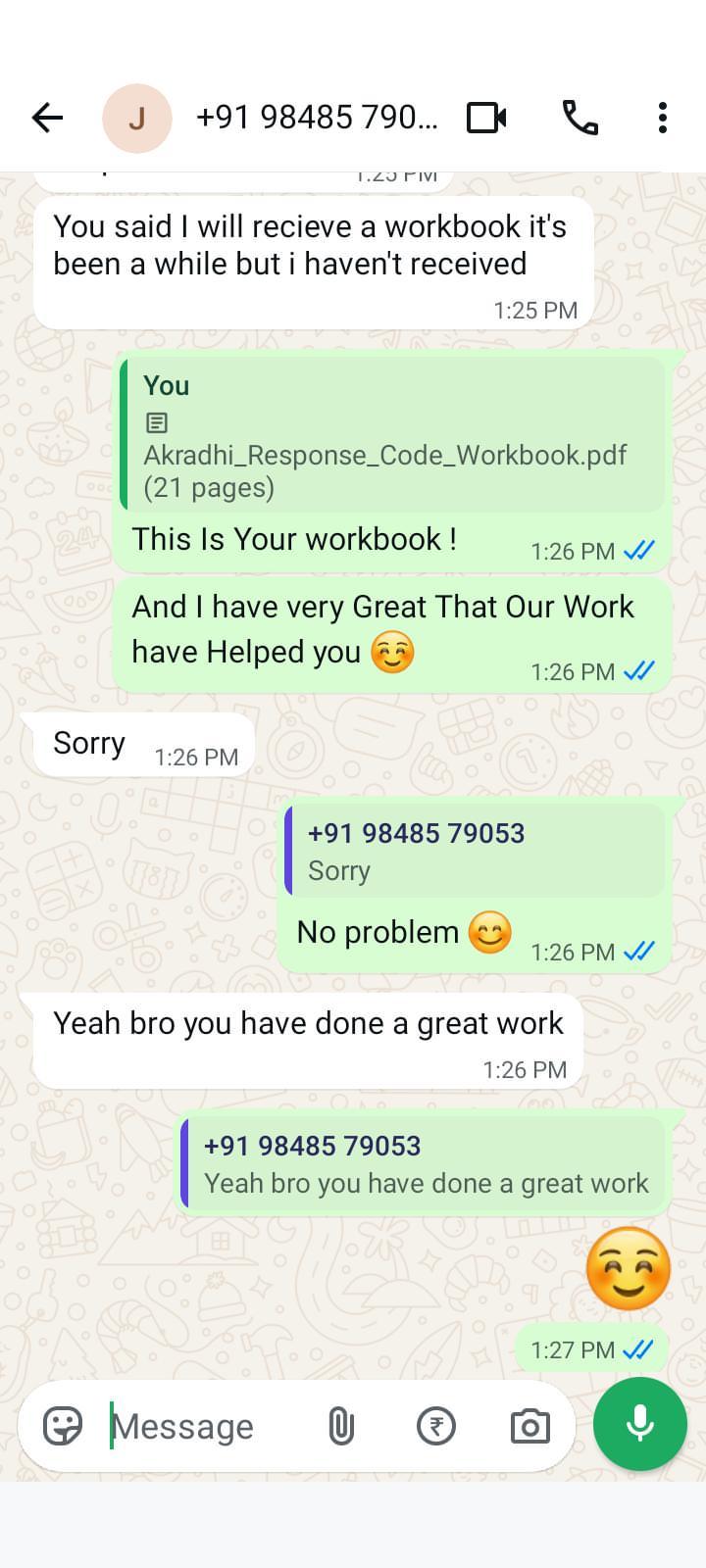 Customer message saying the workbook was helpful and the work was done well