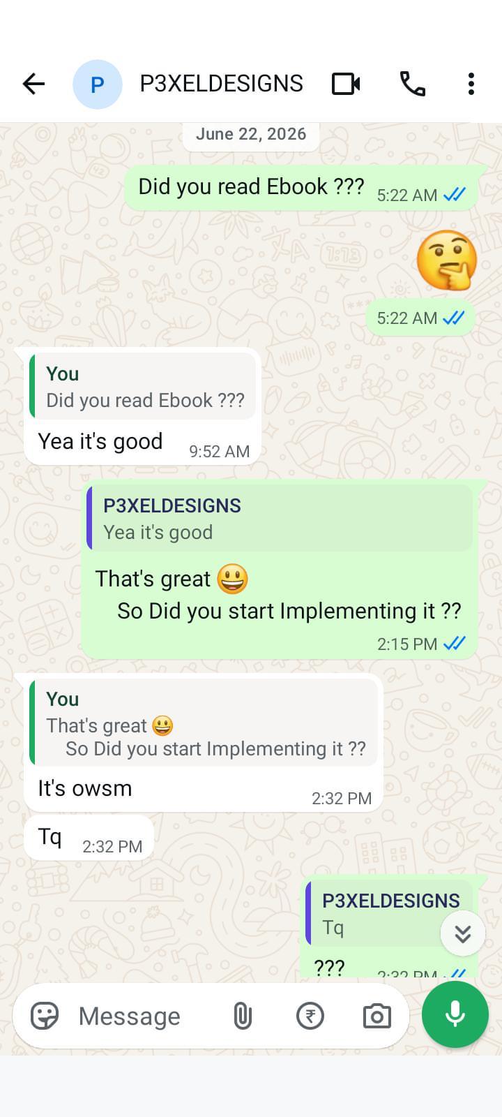 WhatsApp conversation with positive feedback about implementing the workbook