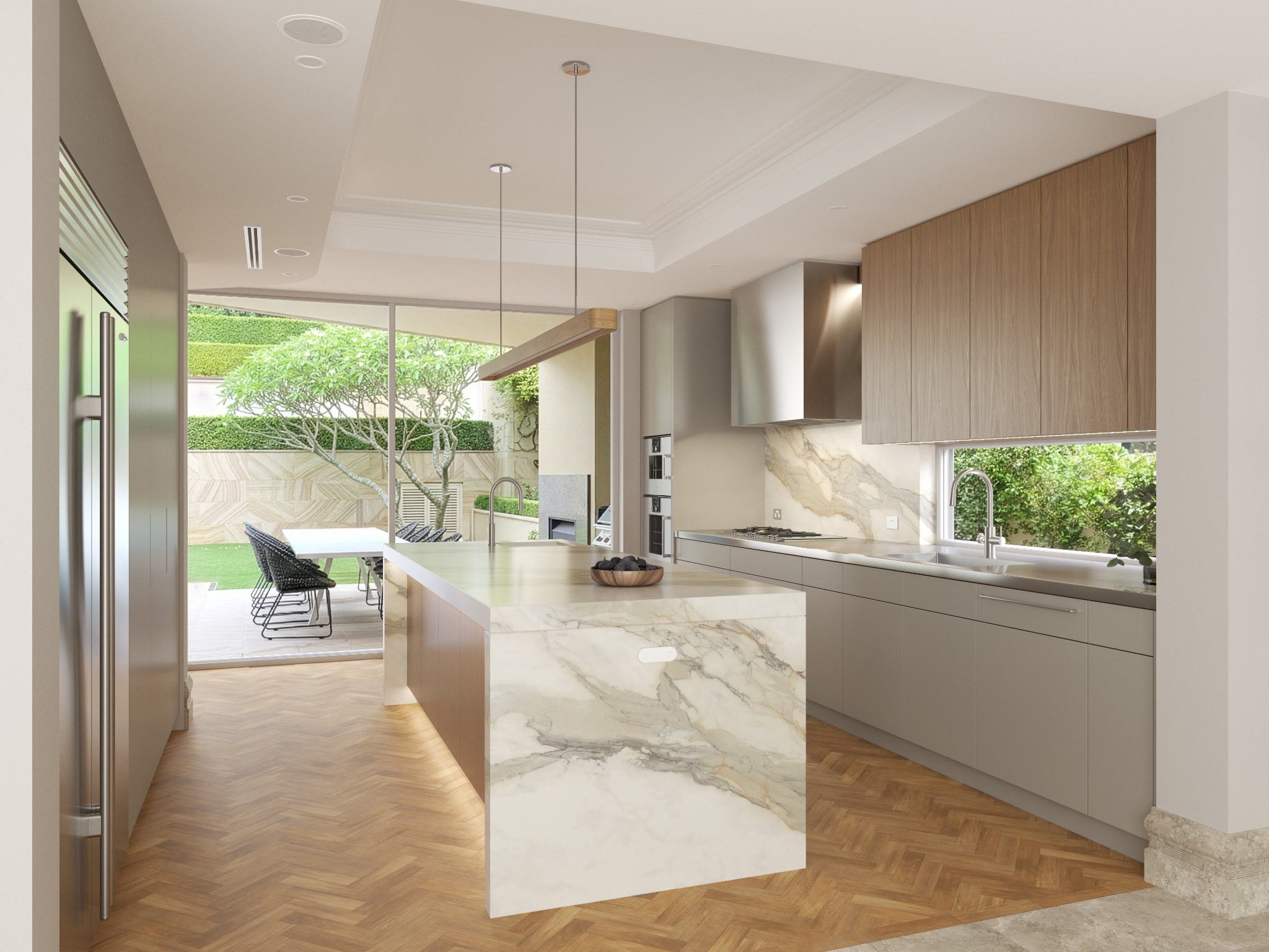 Luxury kitchen renovation with marble island and integrated plumbing fixtures
