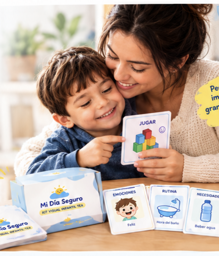 Madre y niño utilizando tarjetas visuales del Kit Mi Día Seguro