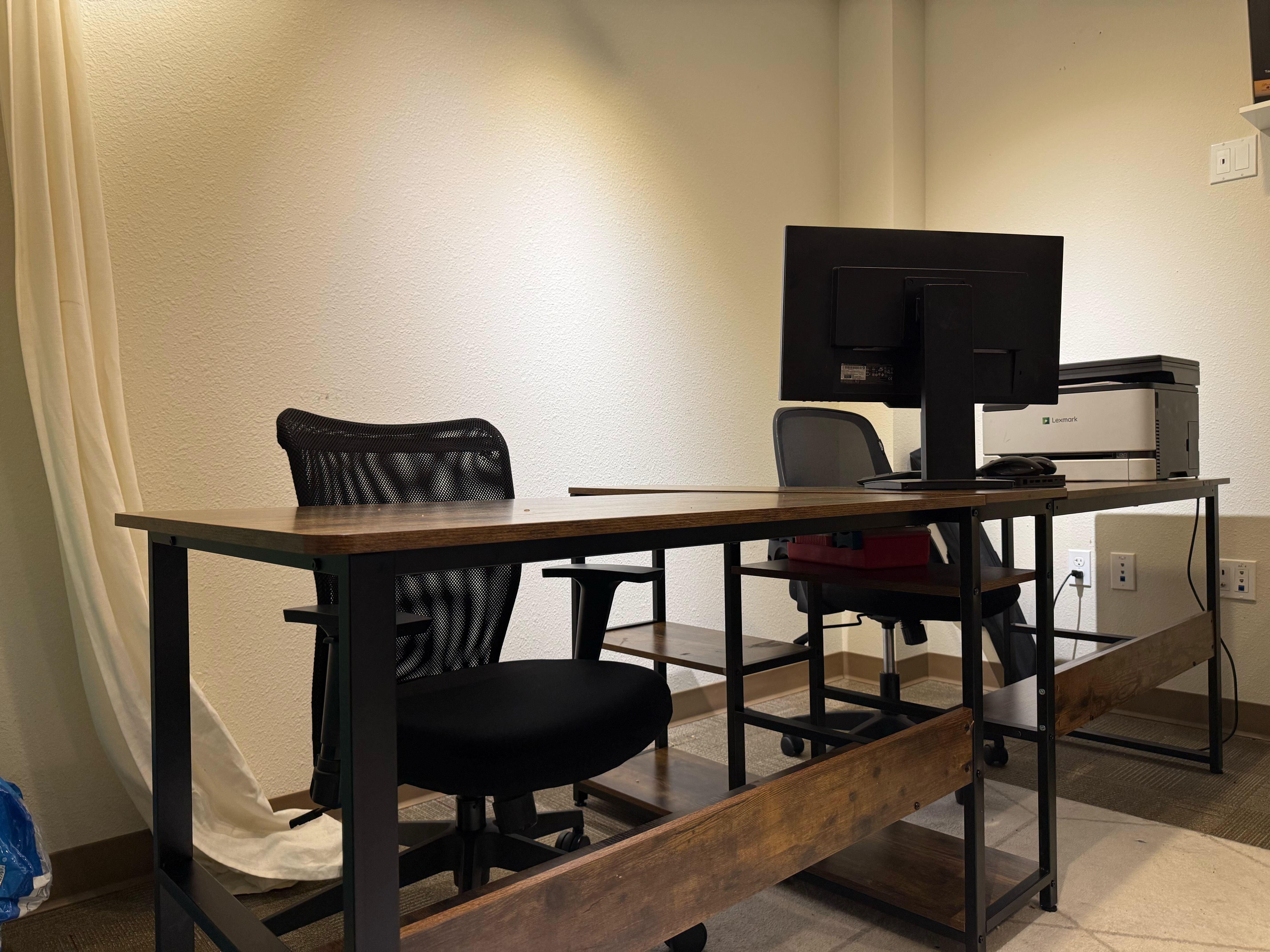 Hotdesk workstation with monitor and printer