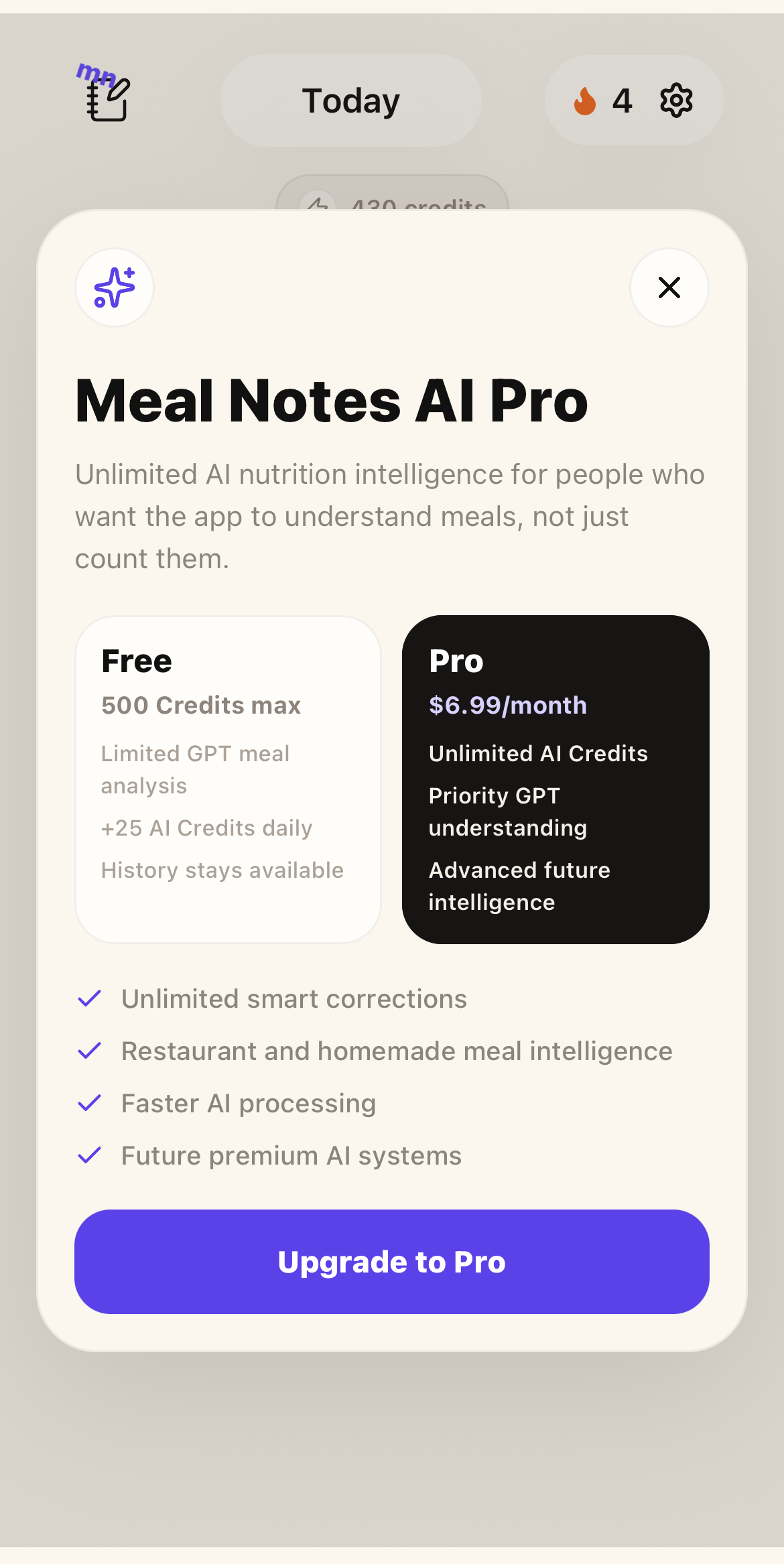 Meal Notes AI Pro subscription screen