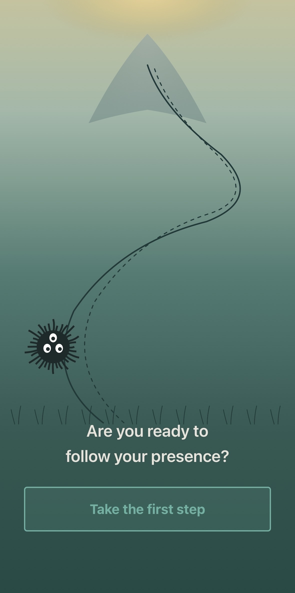 Presence app onboarding screen with mountain path illustration asking Are you ready to follow your presence?