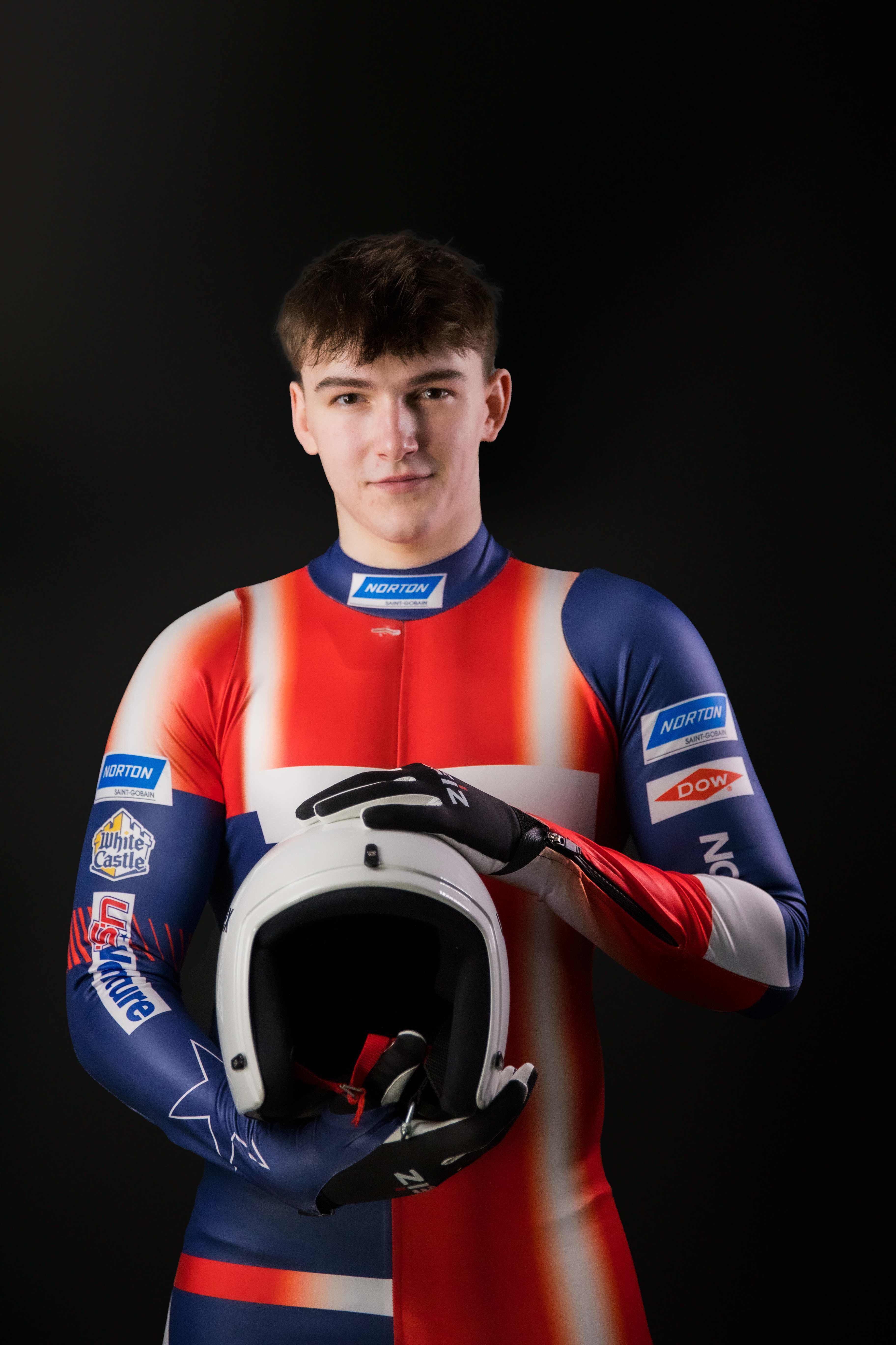 Logan Barnes in official Team USA luge suit, ready for the senior national team