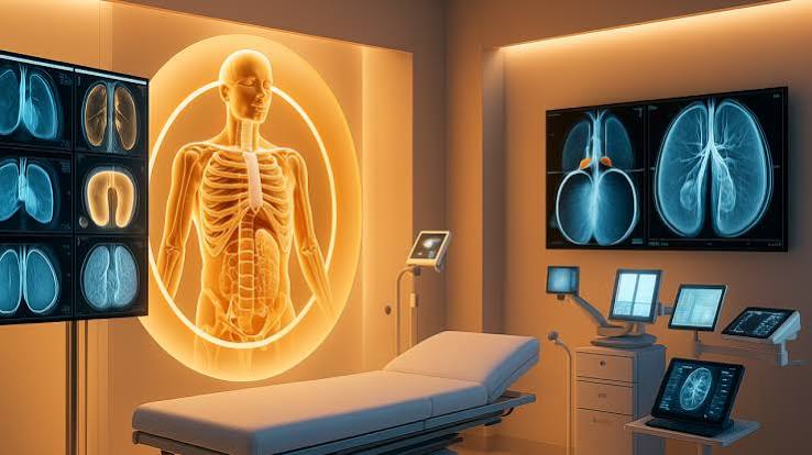 A medical imaging room with a glowing anatomical scan and diagnostic displays
