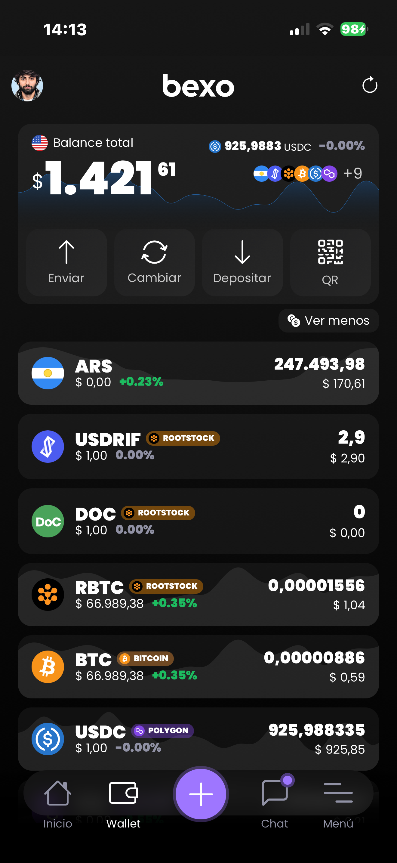 Bexo wallet app - vista principal con balance de $1,421.61 USD, portfolio de crypto incluyendo ARS, USDRIF, DOC, RBTC, BTC y USDC