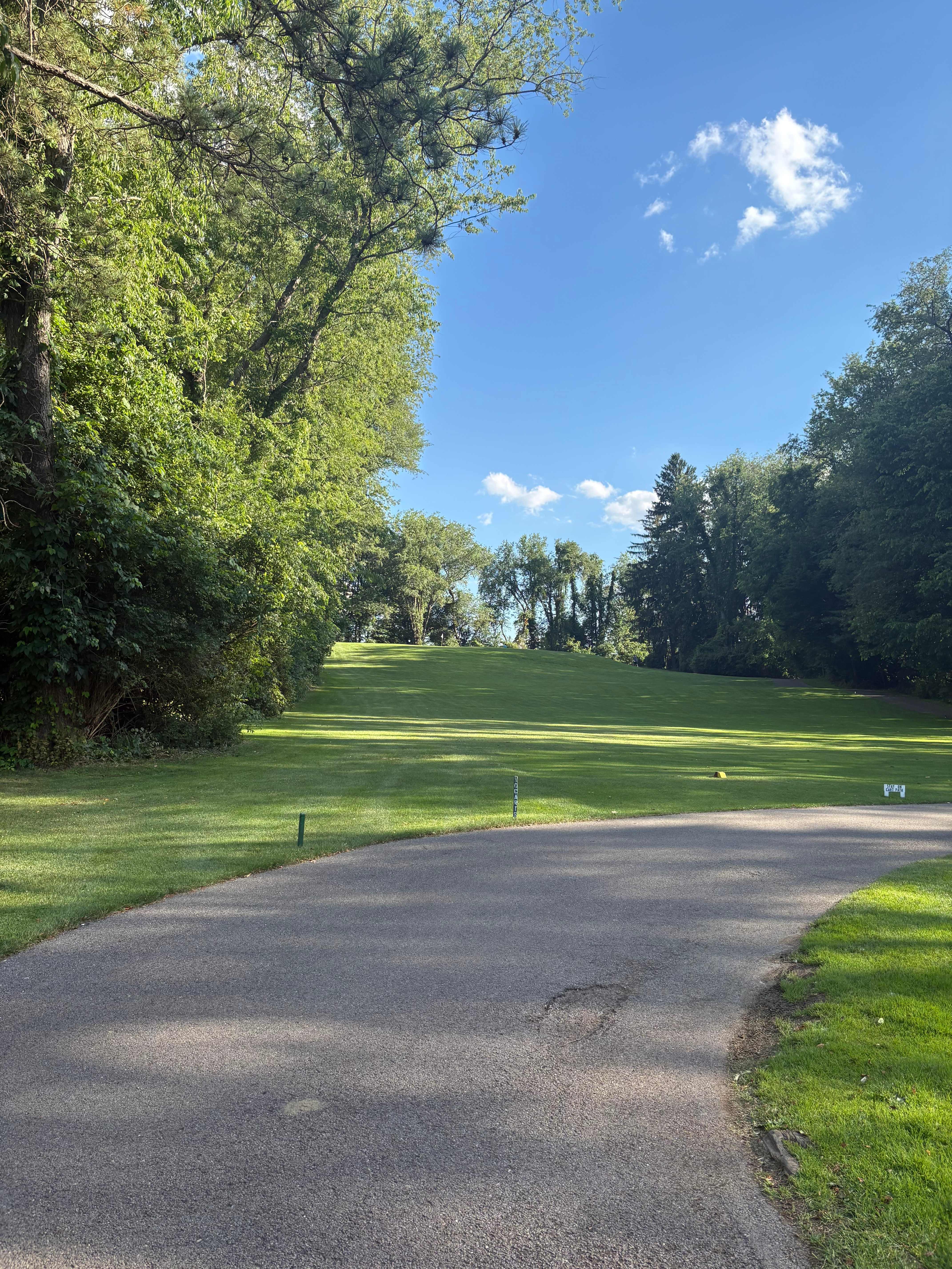 Daytime cart path curving uphill toward a green under a bright blue sky