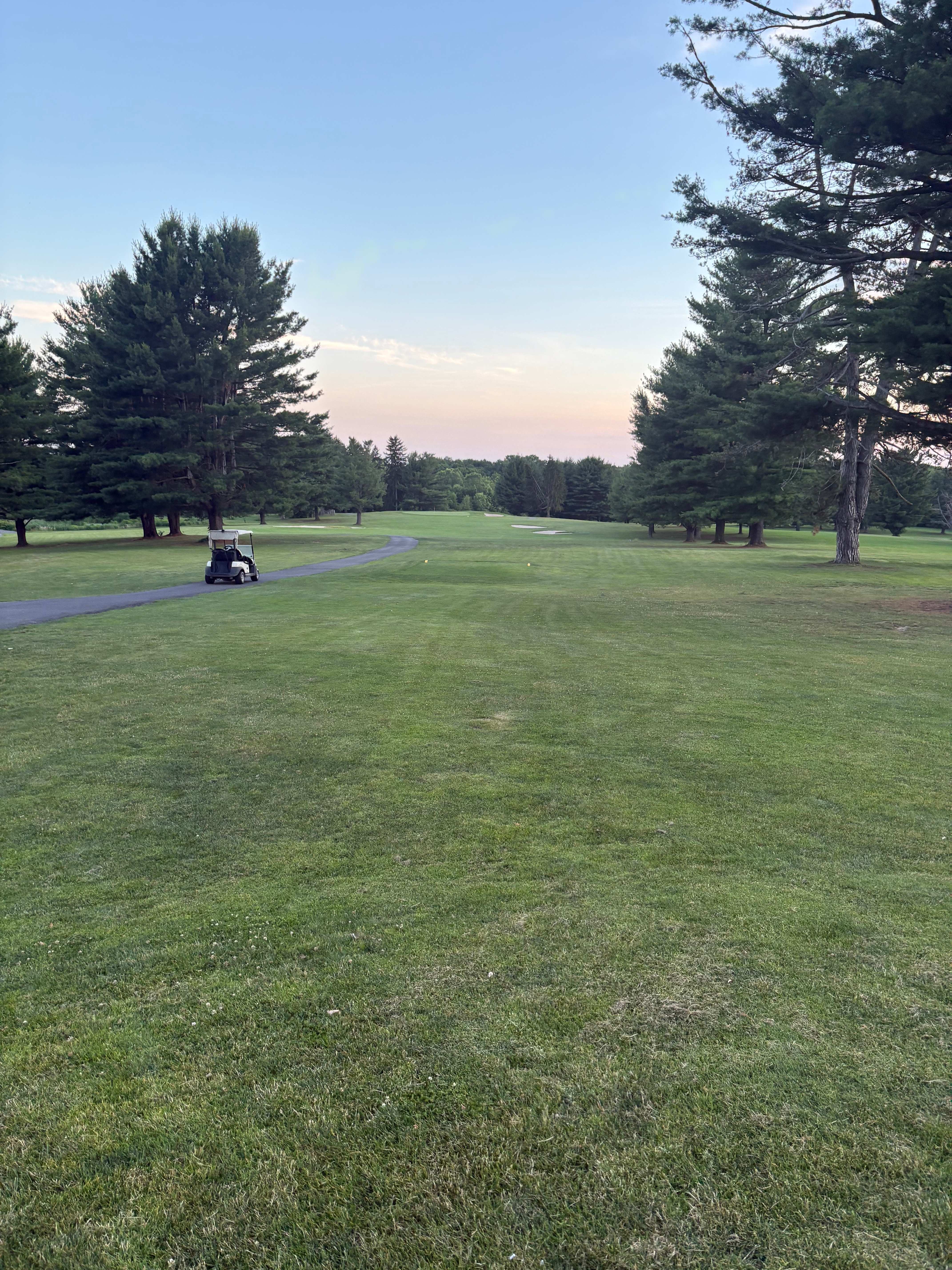 Fairway at dusk with a golf cart on the path framed by tall pines