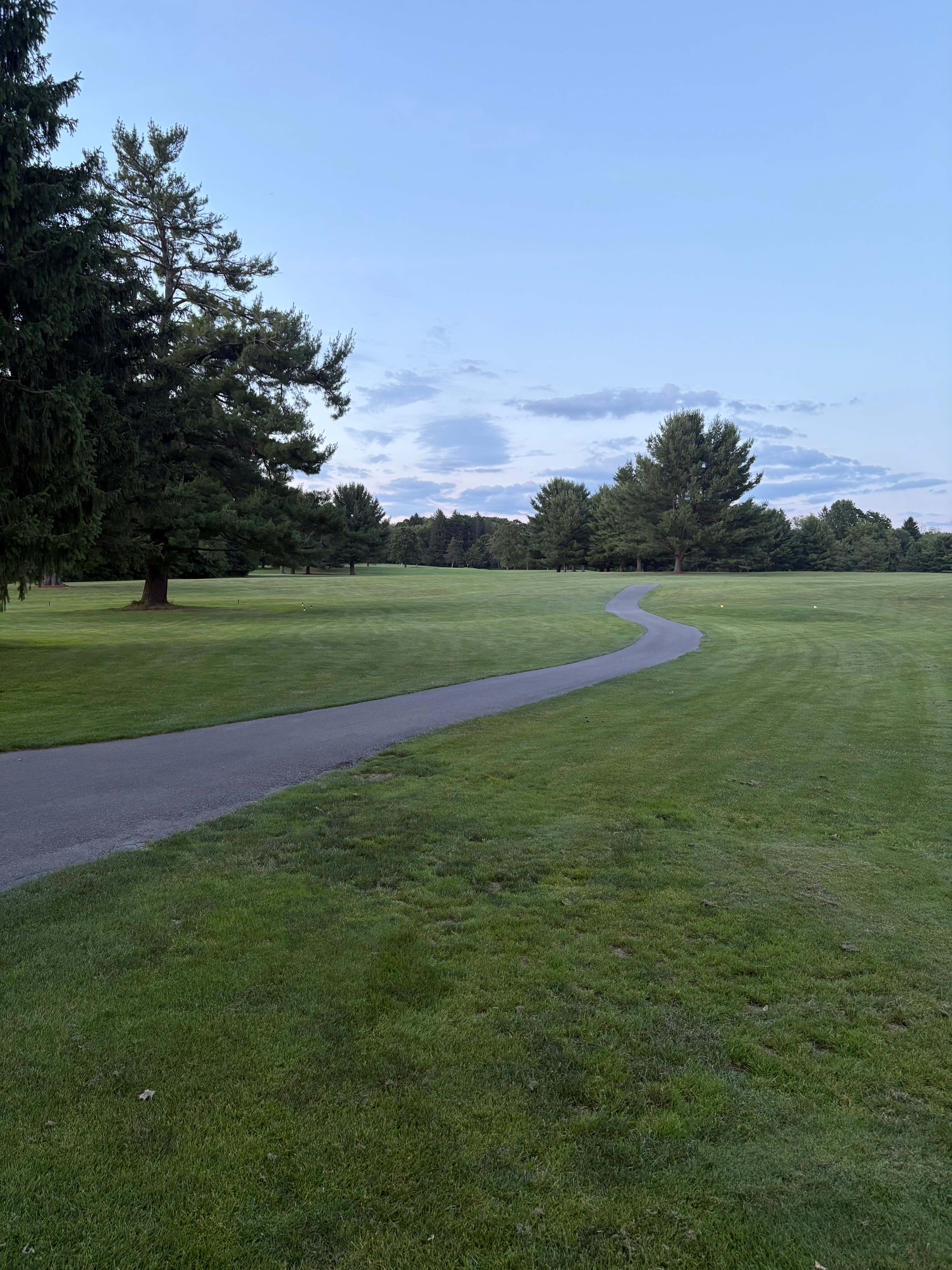 Long S-curve cart path winding through an open fairway at dusk