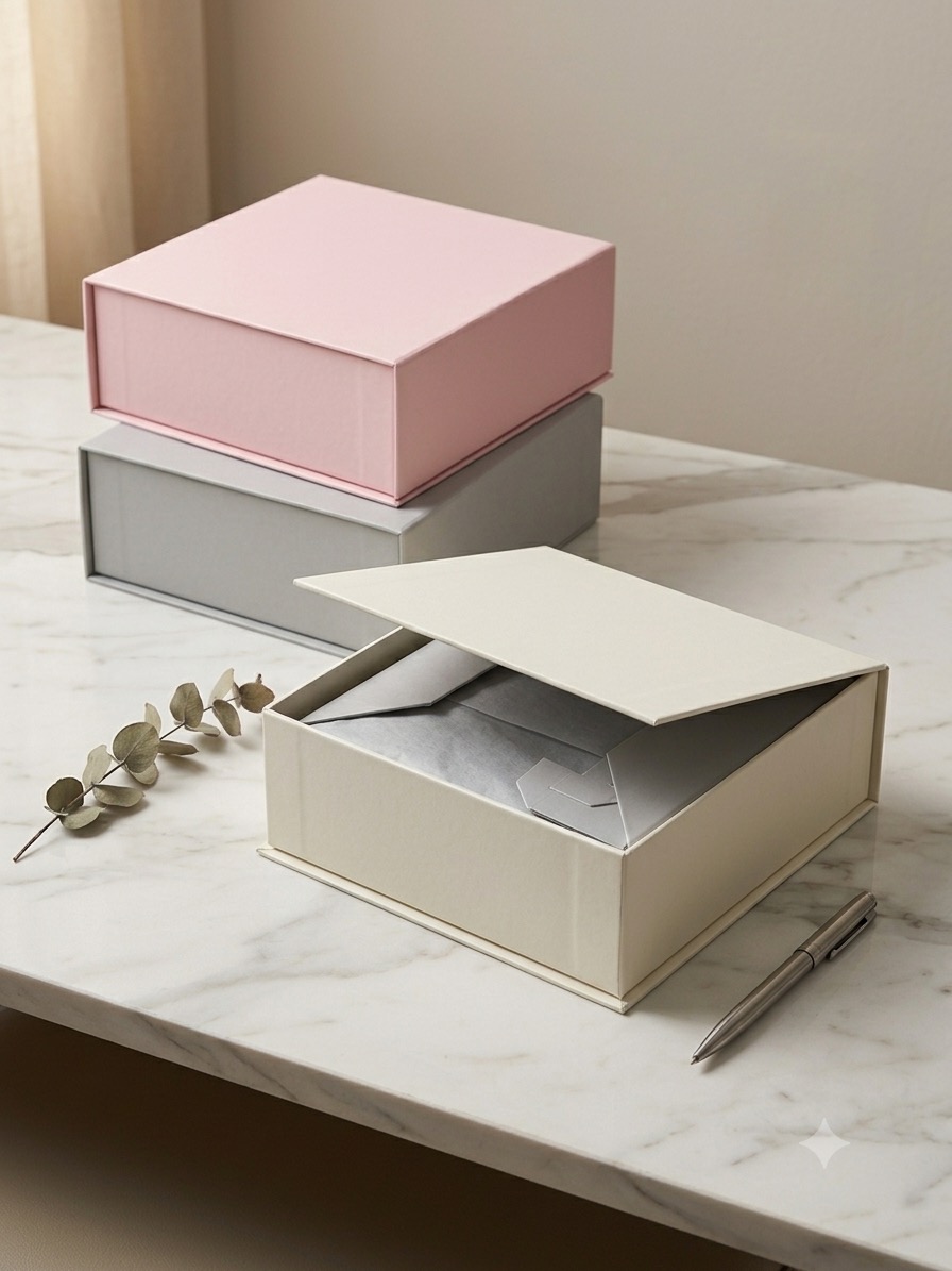 Custom rigid gift boxes in blush pink, gray, and ivory