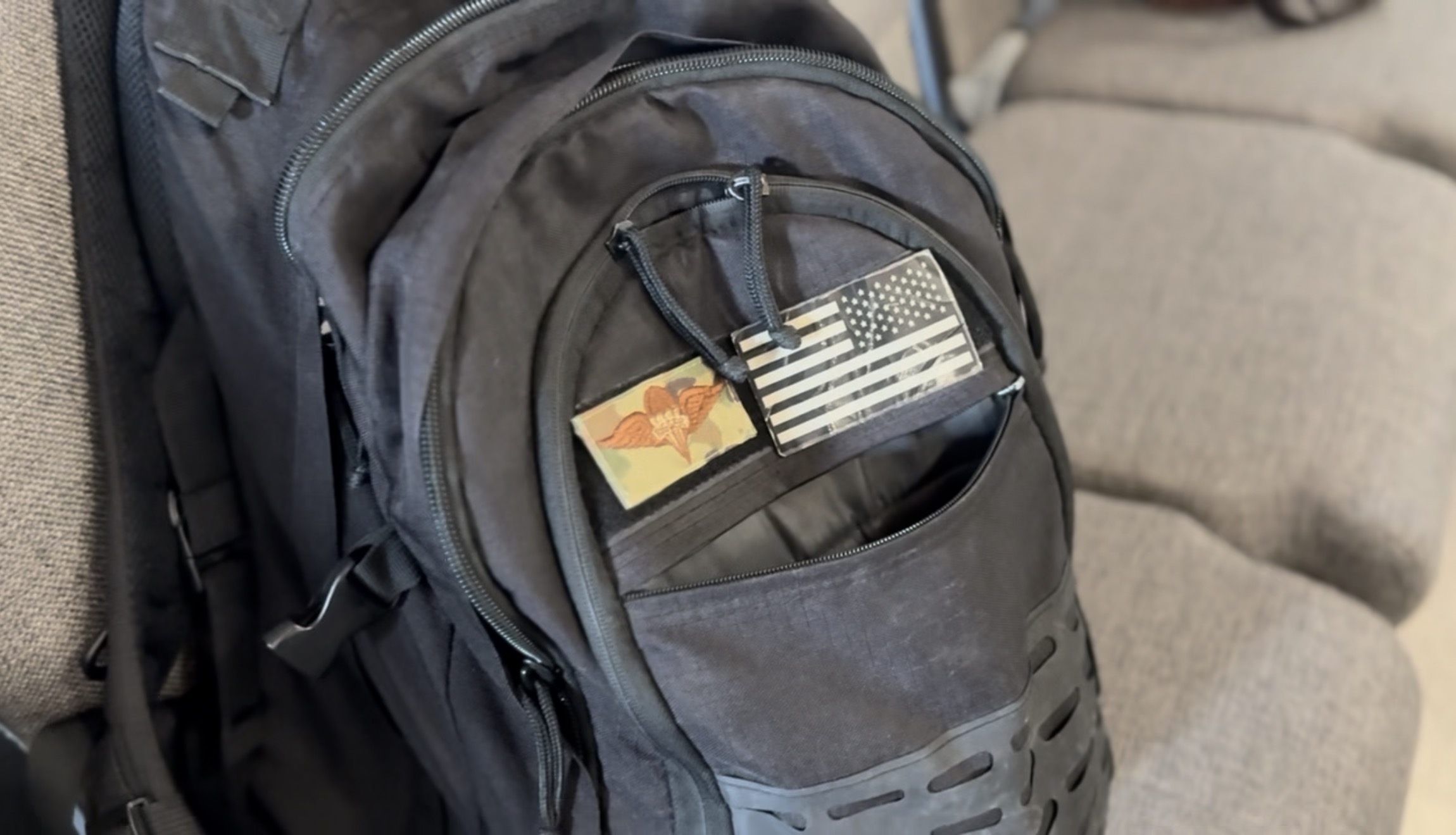 Military backpack with patches